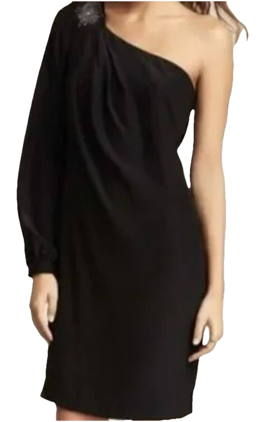 Trina Turk One Shoulder SILK Cocktail Dress Womens 8 Silver Peacock Beading