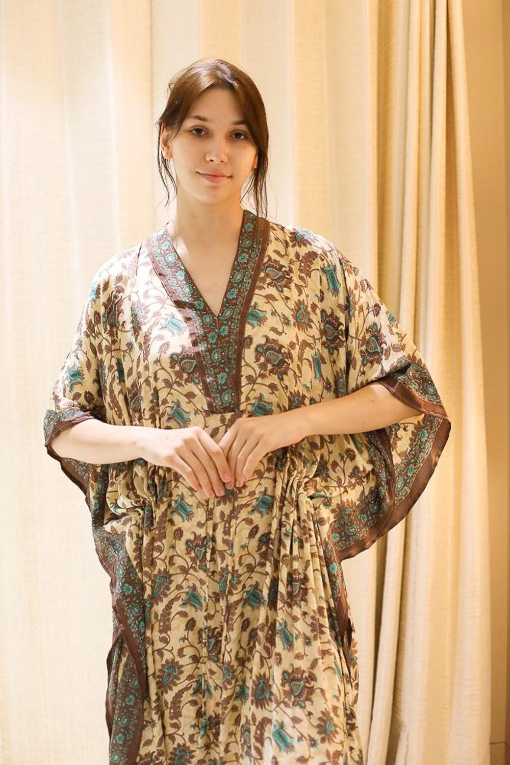 Handmade Silk Beige Long Kaftan / Upcycled Free Size Dressing Gown PS MFN1002