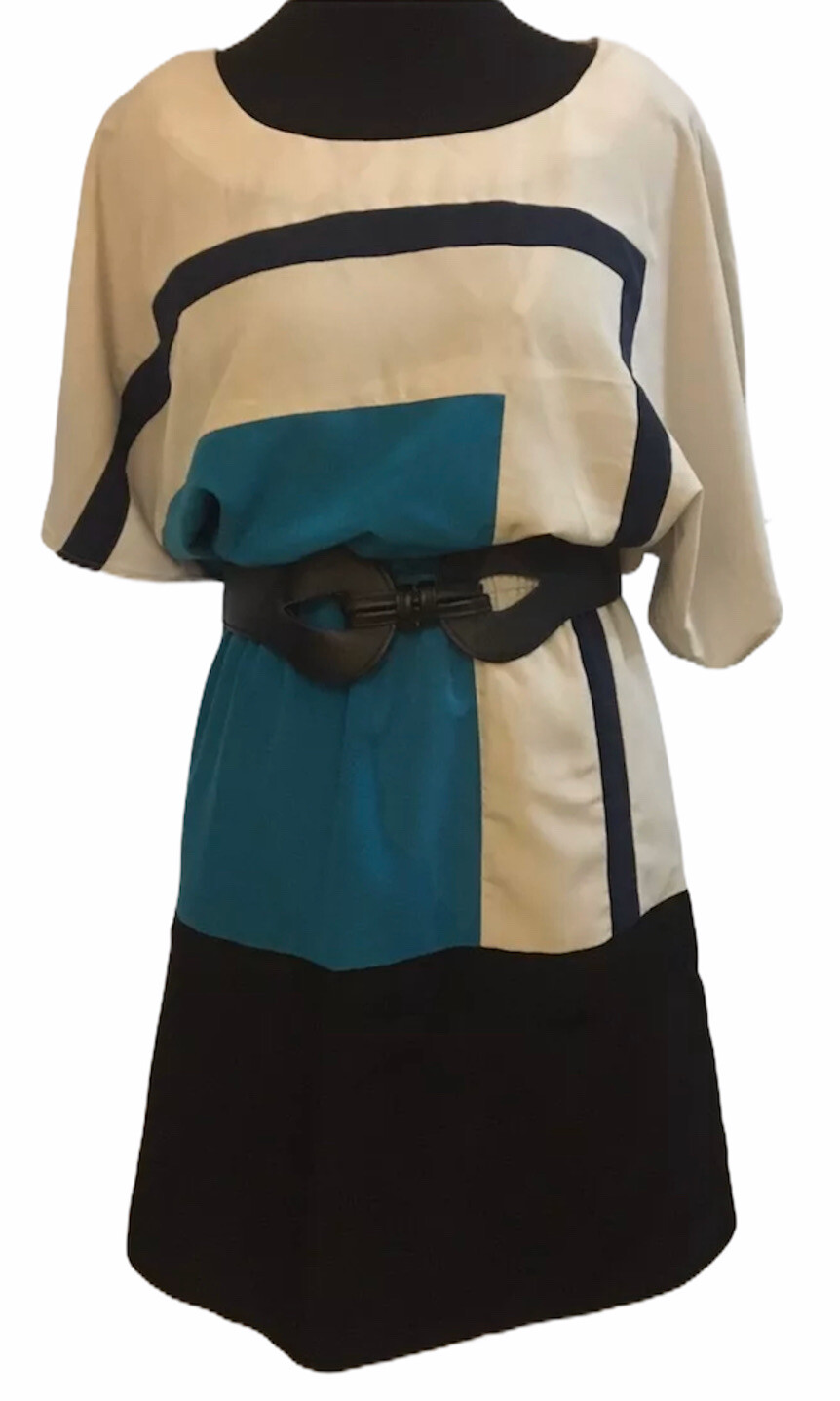 Womens Worthington Black Tan Teal Short Sleeve Belted Silky Blouson Dress Size 4