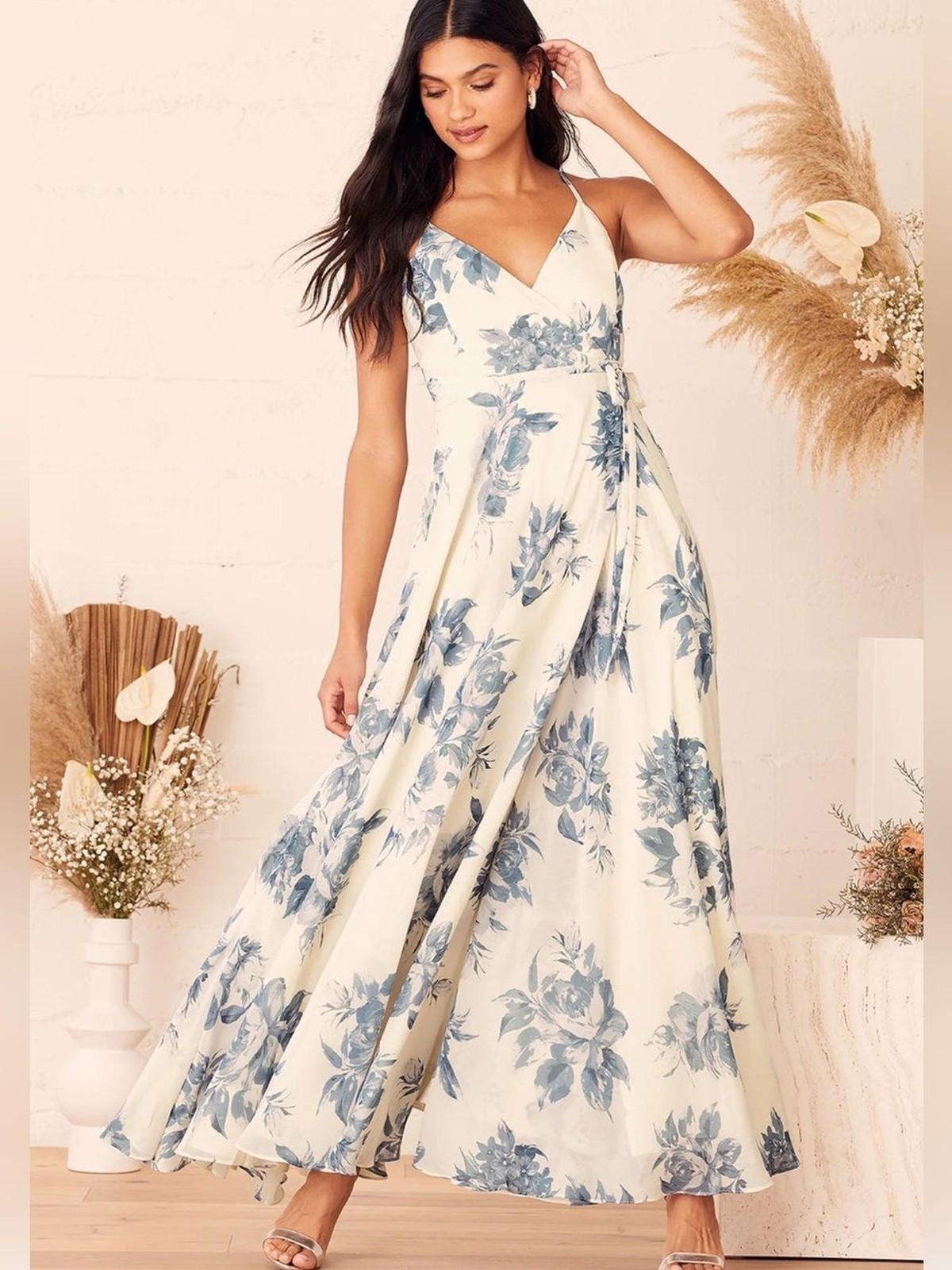 Lulus Blue Floral Wrap Maxi Dress White Sleeveless Women’s Small