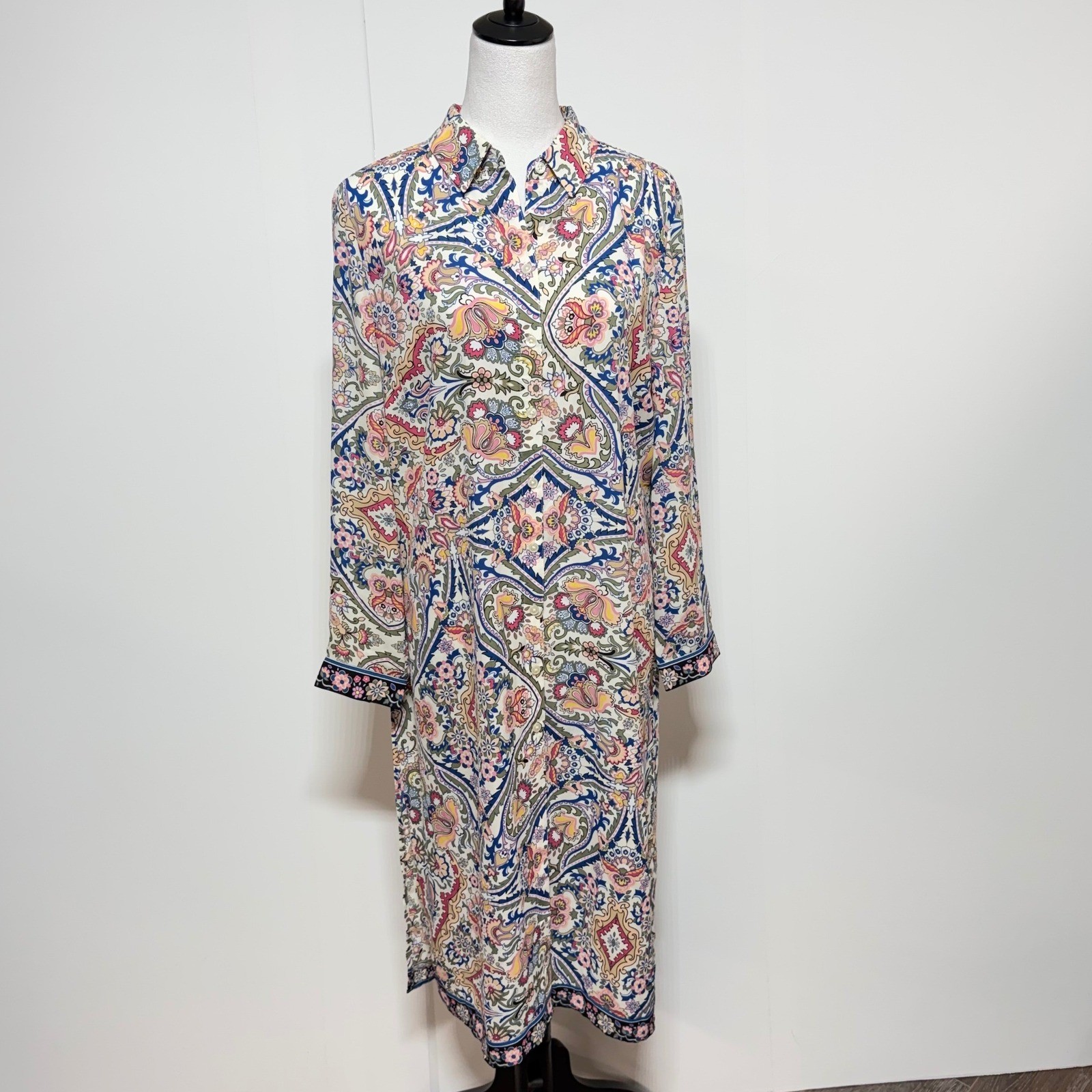 Chicos Shirt Dress Large Paisley Blue Colorful Midi Button Up Slits Beachy