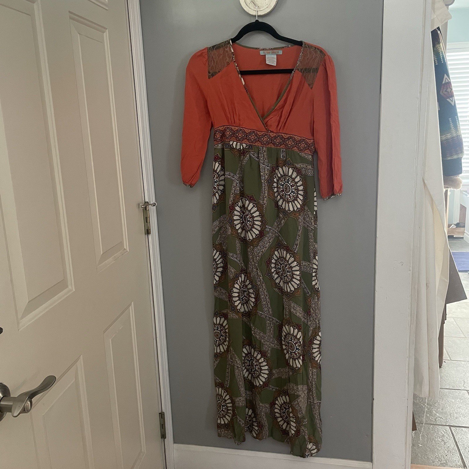 Flying Tomato Orange Multicolor Empire Waist maxi Boho Dress 3/4 Sleeve Lined L
