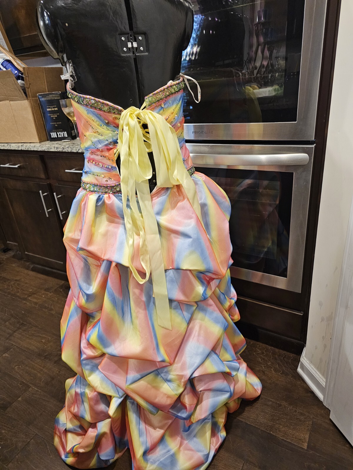 Xcite Pink Yellow Blue Beaded Sequin Pleated Multicolor Rainbow Ballgown 8