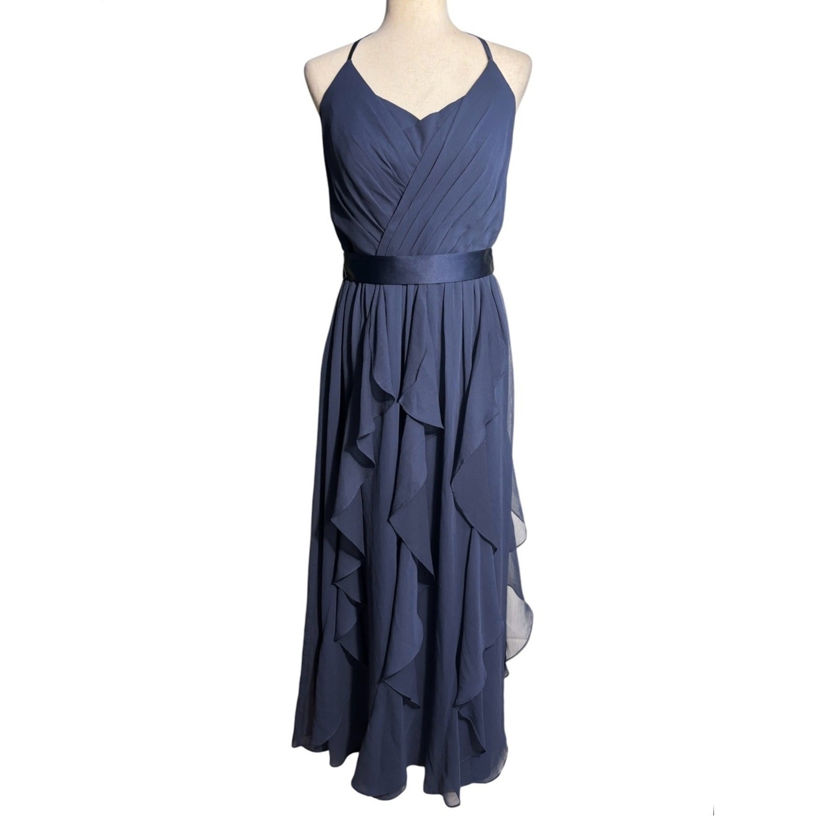Vera Wang White Navy Chiffon Halter Maxi Dress Ruffle Formal Gown Size 8