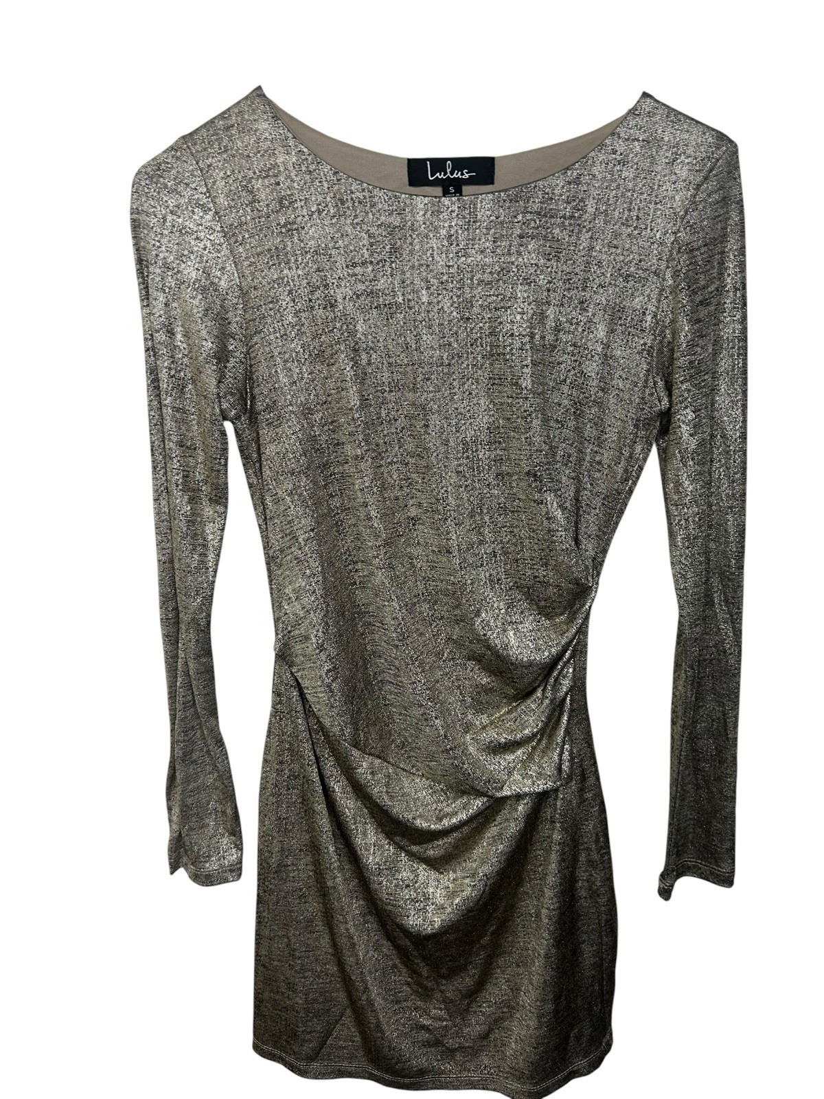Lulus Silver Metallic Ruched Lined Stretch Boat Neck Long Sleeve Bodycon S