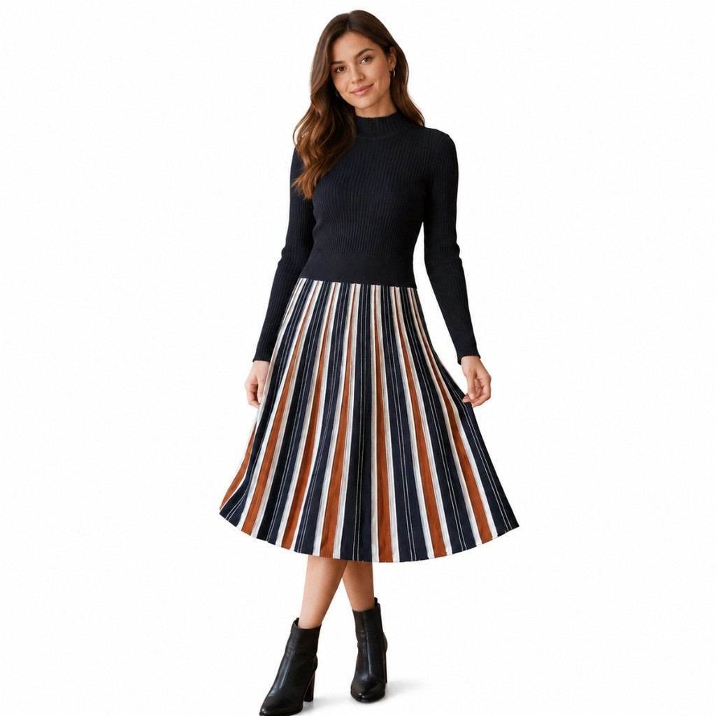 Women’s Signature by Robbie Bee Mock Neck A-Line Sweater Dress – Black Multi – S