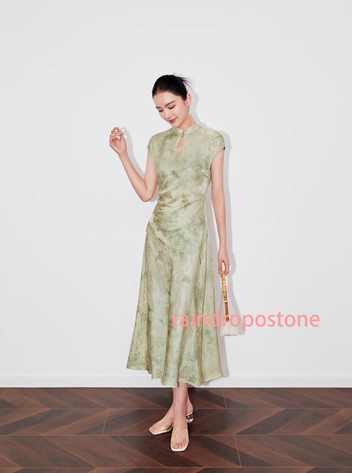 Womens Stand Collar Floral Printed Mid Long Dress Sleeveless Retro Chinese Style