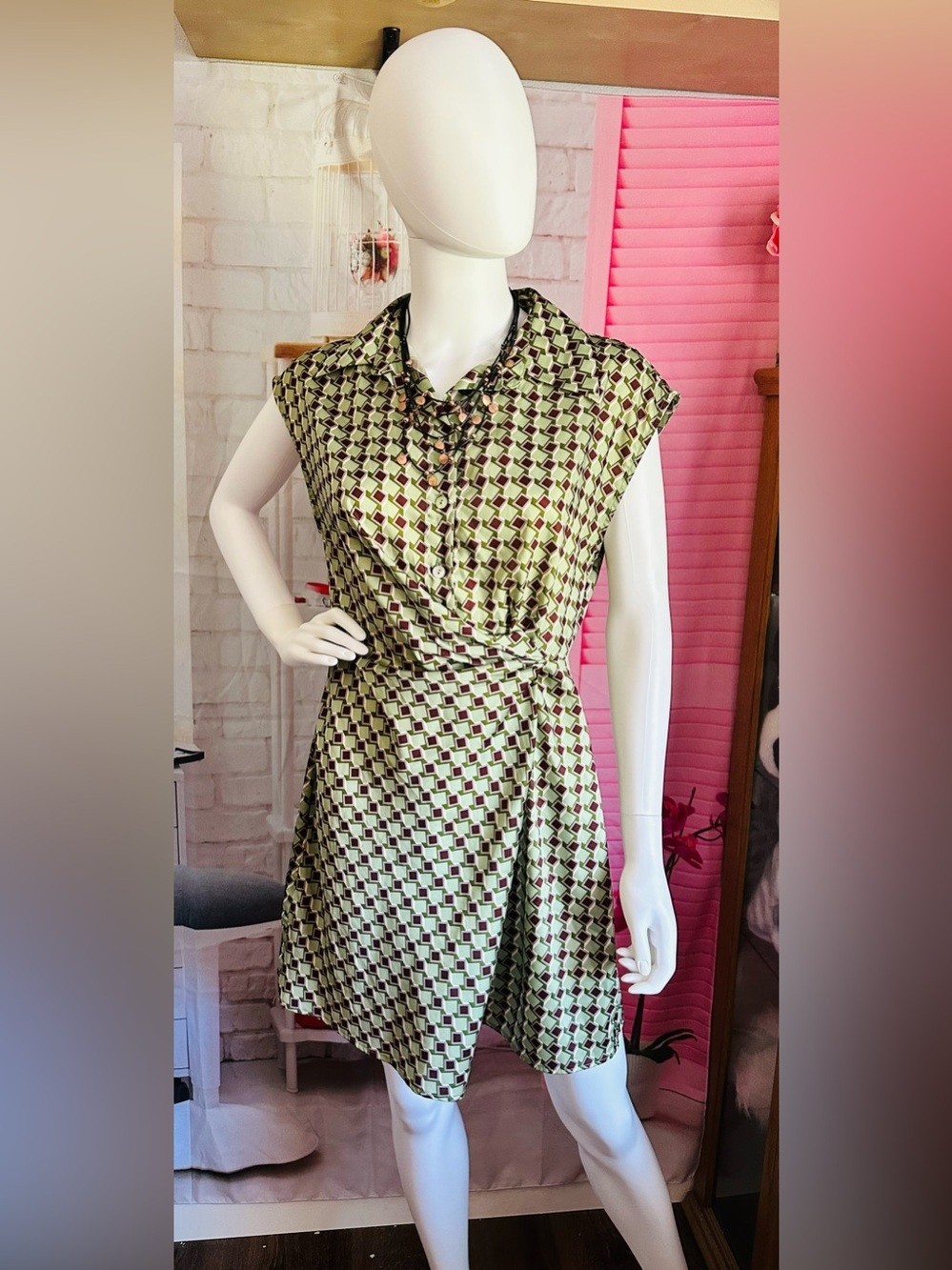 Mango Retro Green & Brown Geometric Mini Dress