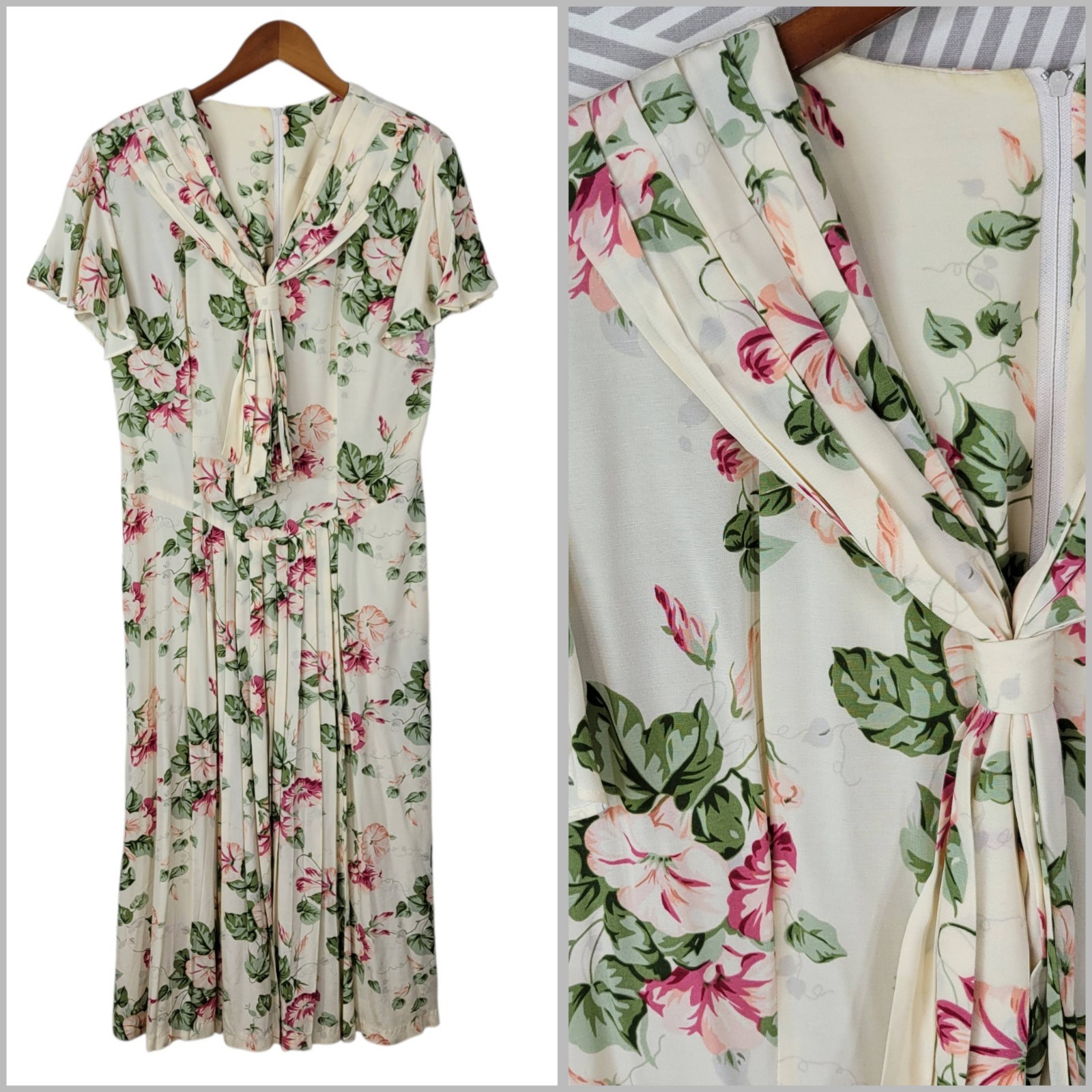 Vintage 90s Floral Party Shirt Dress Size 12 Large Cottagecore Tie Front alt Tea