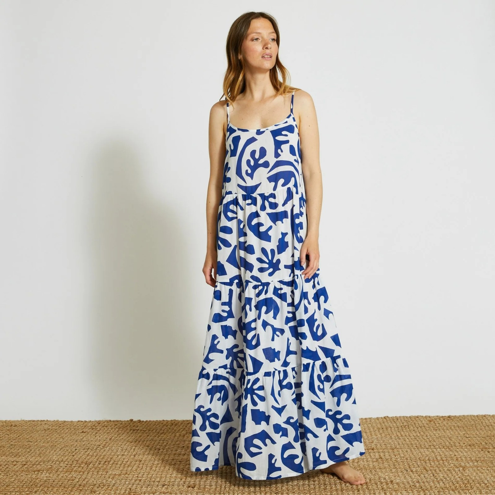 MONOPRIX France NWT Organic Cotton Maxi Dress | Summer Blue Egyptian Print