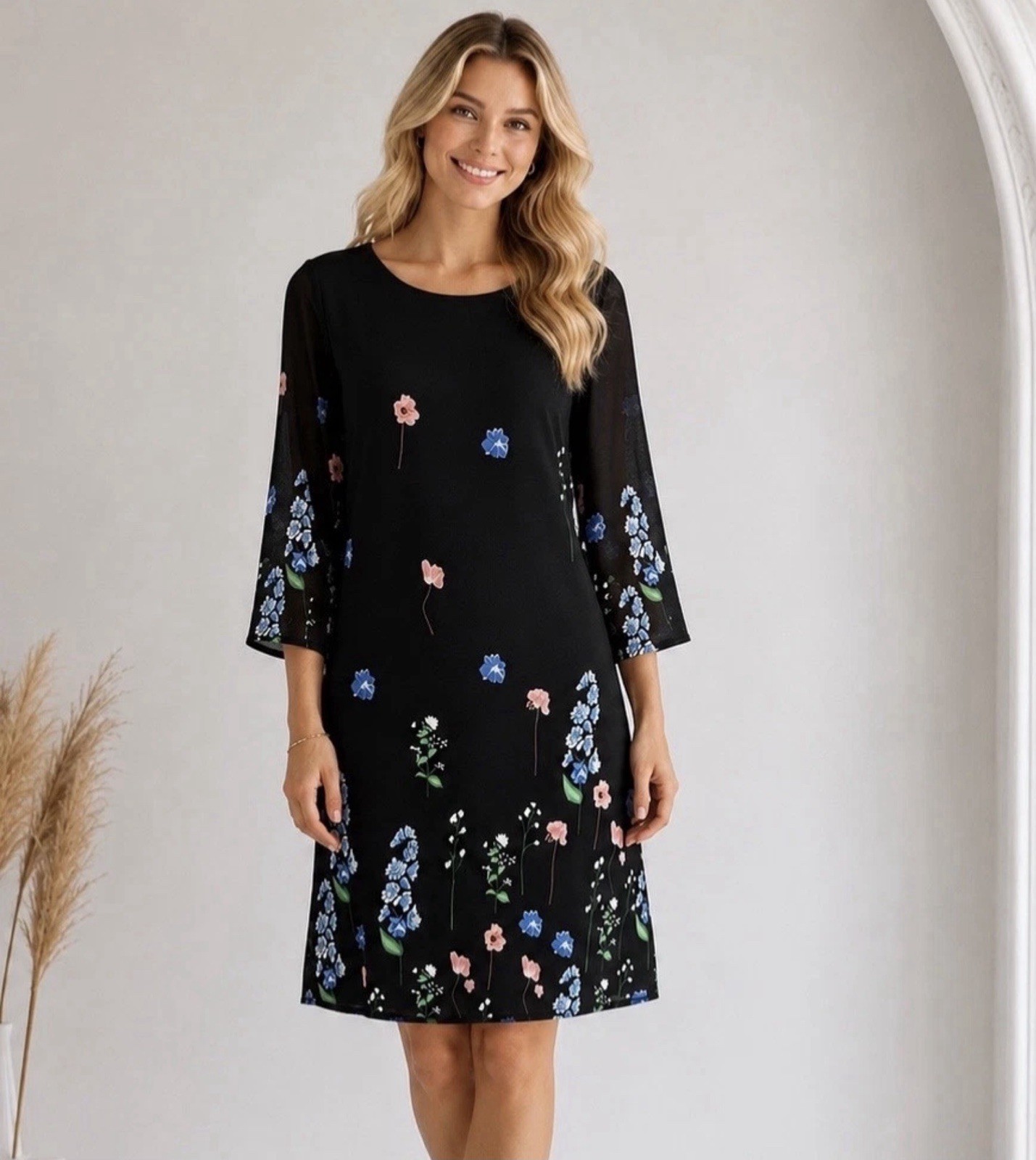 Womens Black Floral Chiffon Sheath Dress Size Medium Sheer Split Sleeve Elegant