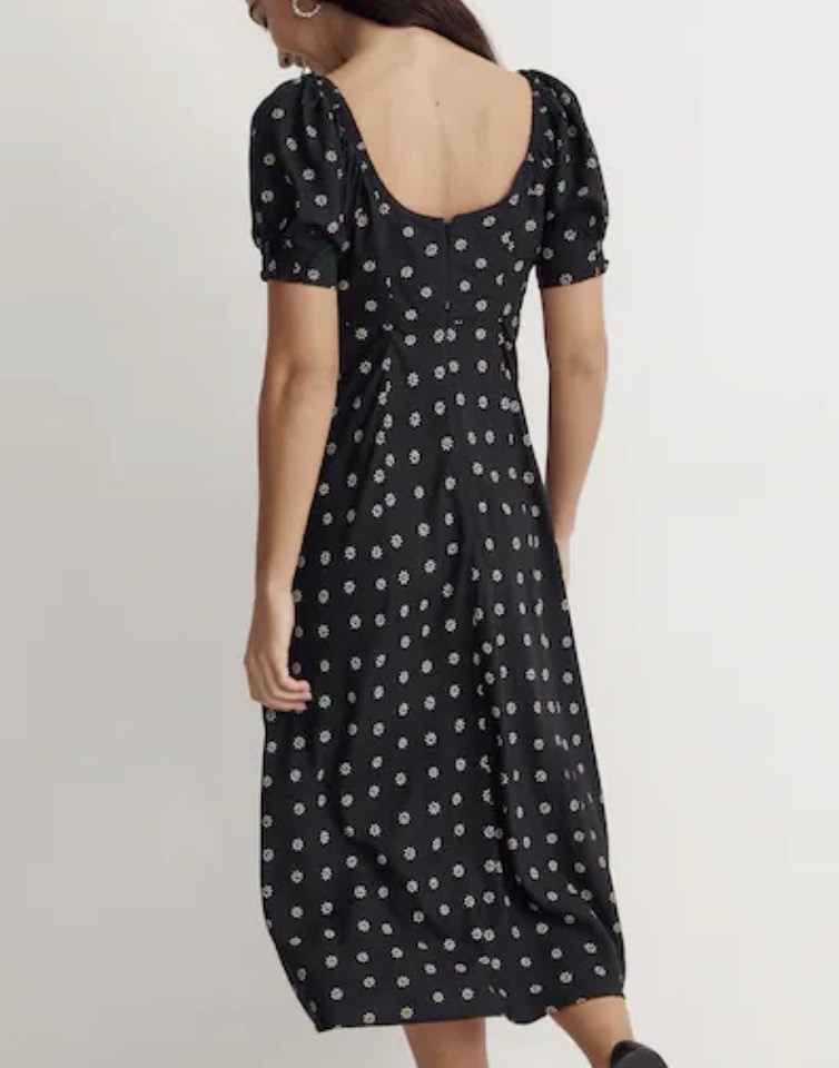 Madewell Puffed Sleeve Midi Dress Back Stardot Print sz 0 Sweetheart Neck Nice!