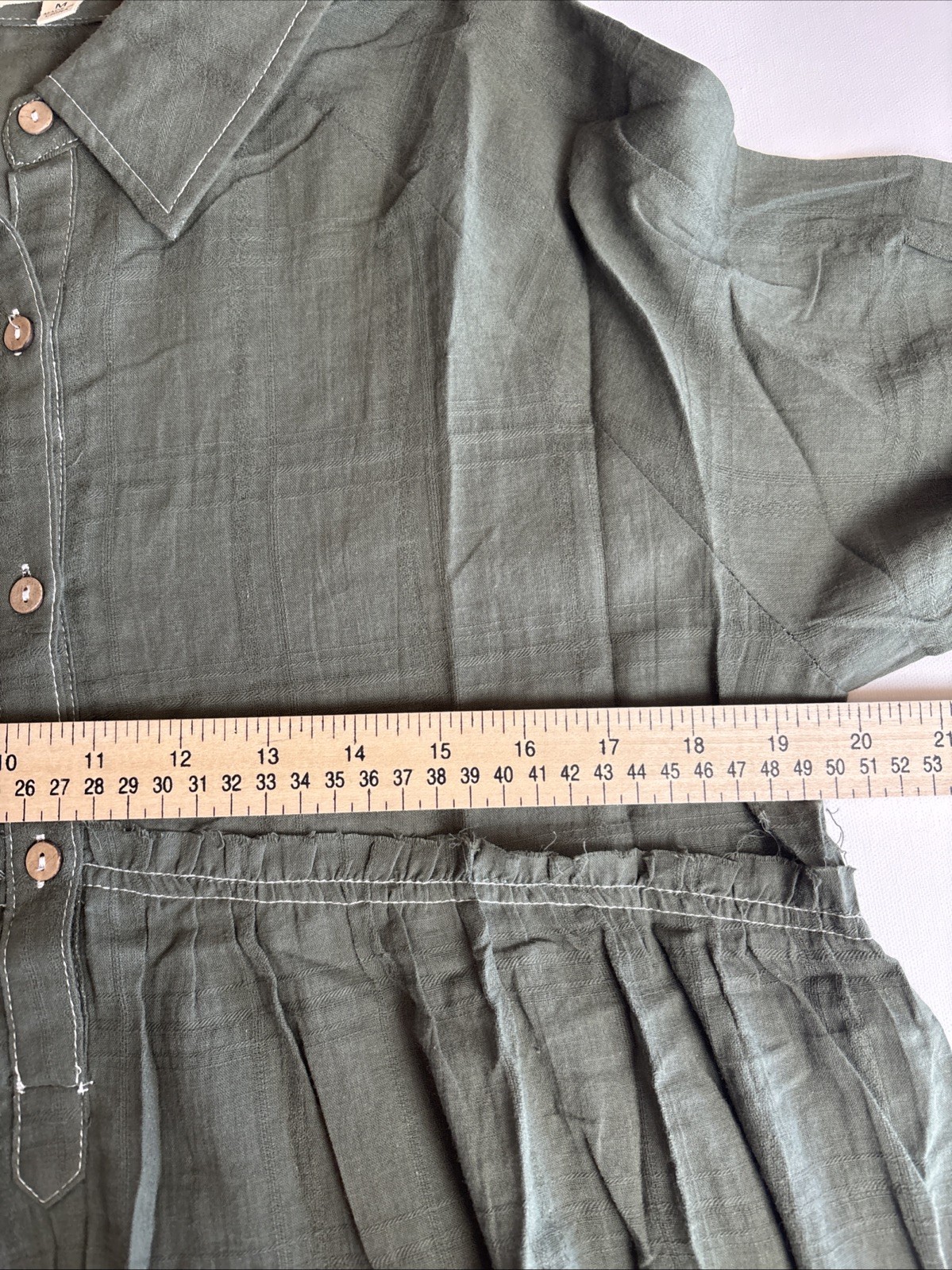 Promesa Olive Green Tiered Babydoll Mini Dress Long Sleeve Contrast Stitch M