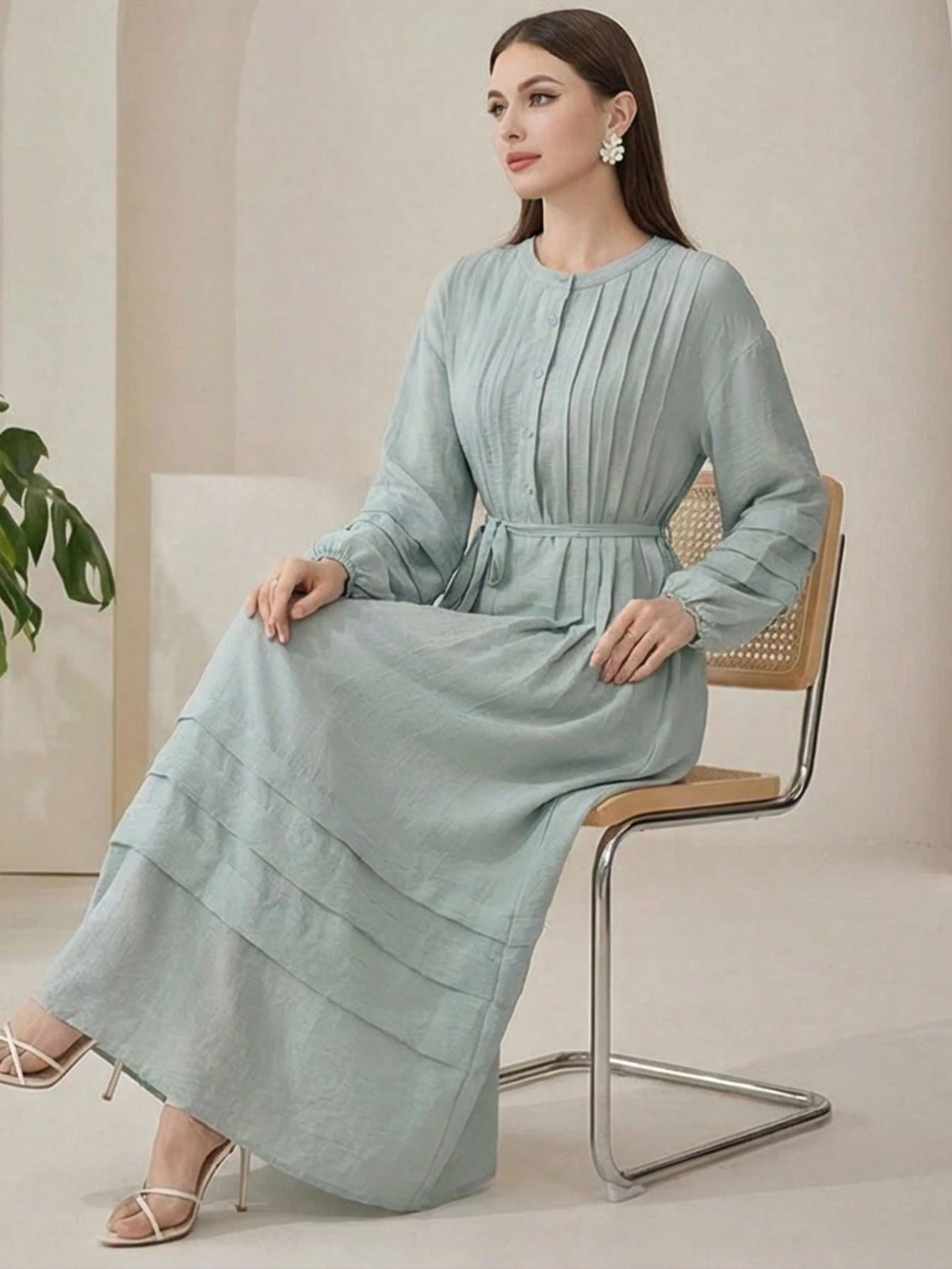 Womens Elegant Round Neck Button Detail Long Dress