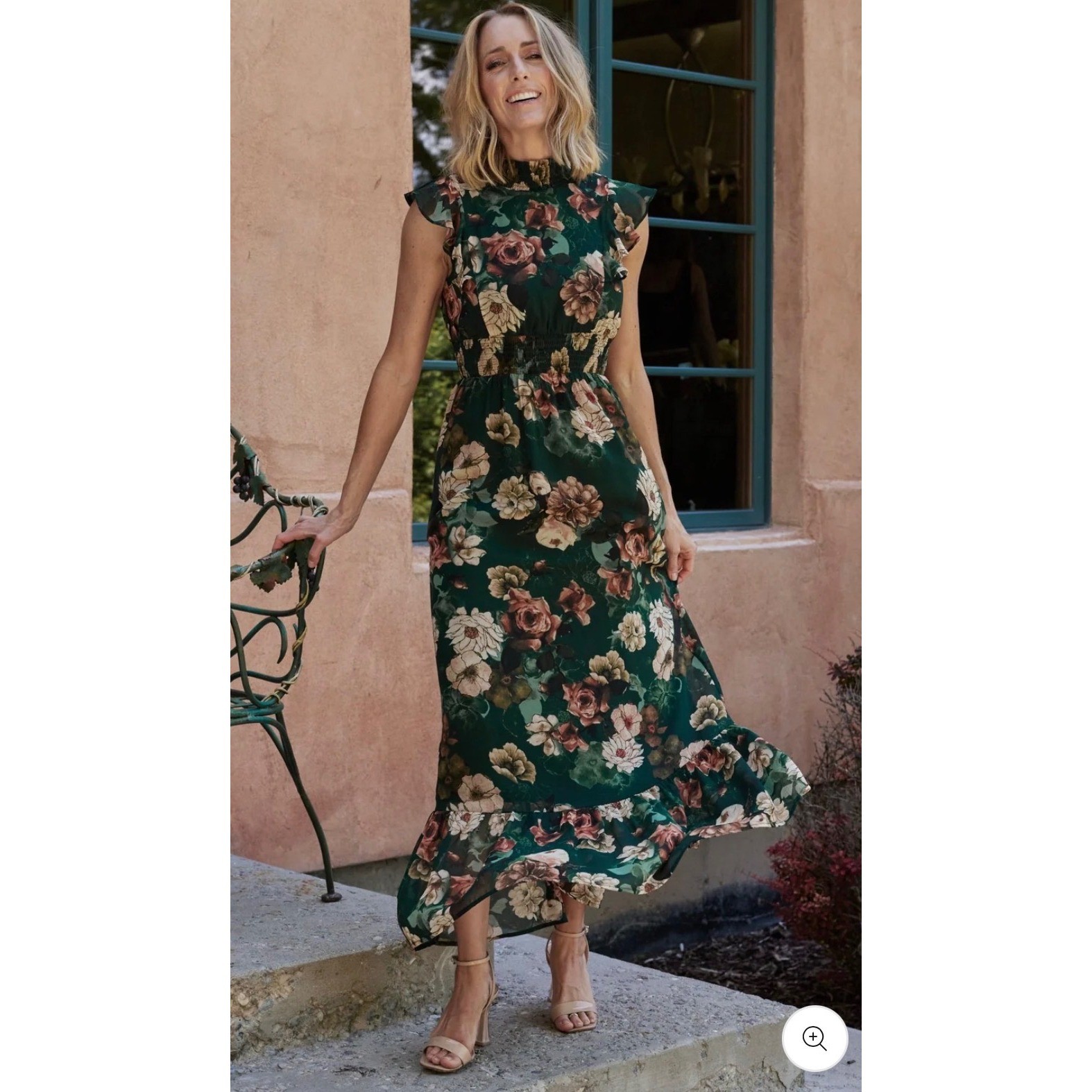 Baltic Born Kearny Ruffle Maxi Dress Dark Green Floral Smocked Garden Fairy 1X