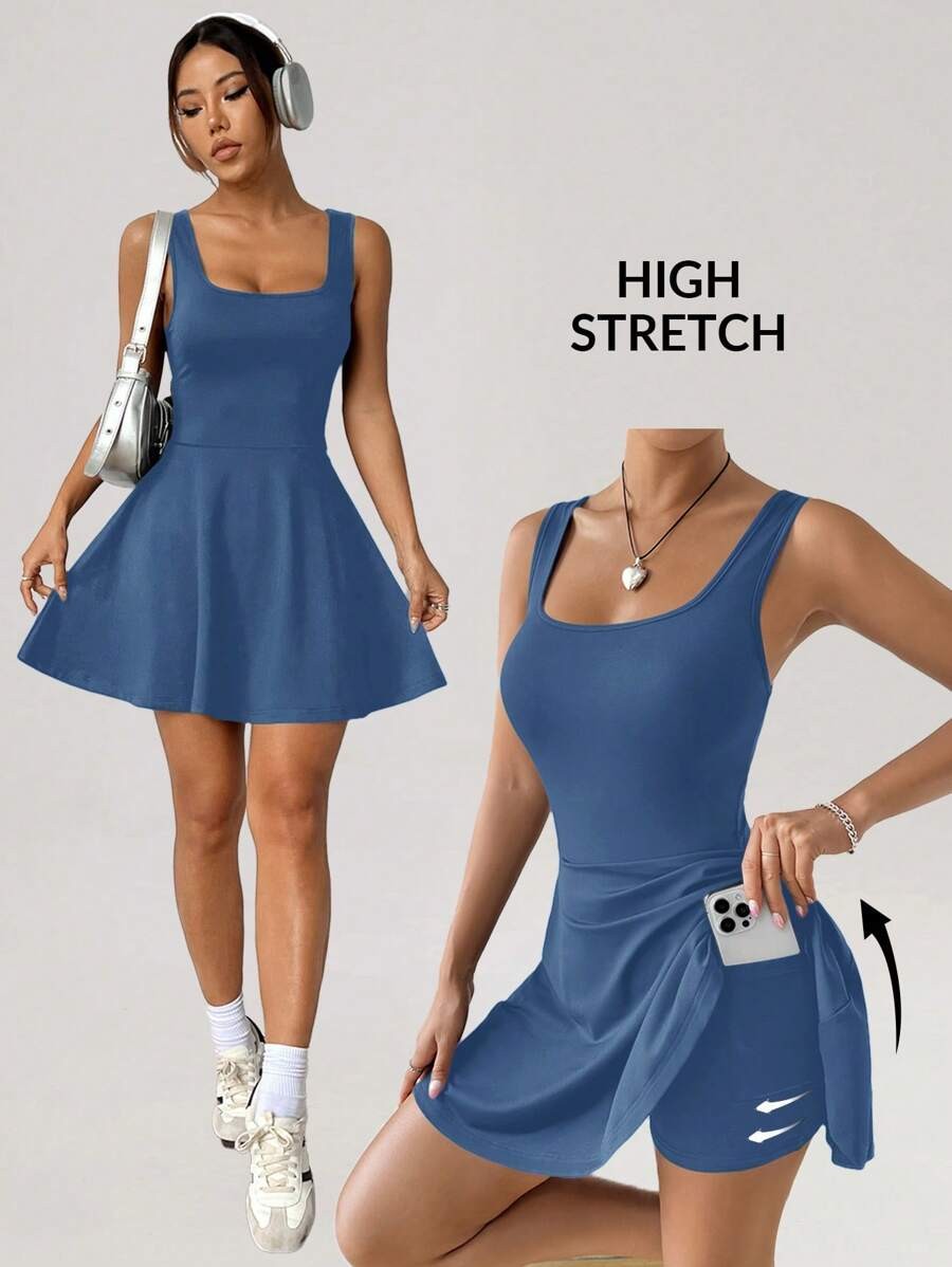 Knitted Bodycon Jumpsuit Square Neck Sleeveless Romper Flared Short Pocket