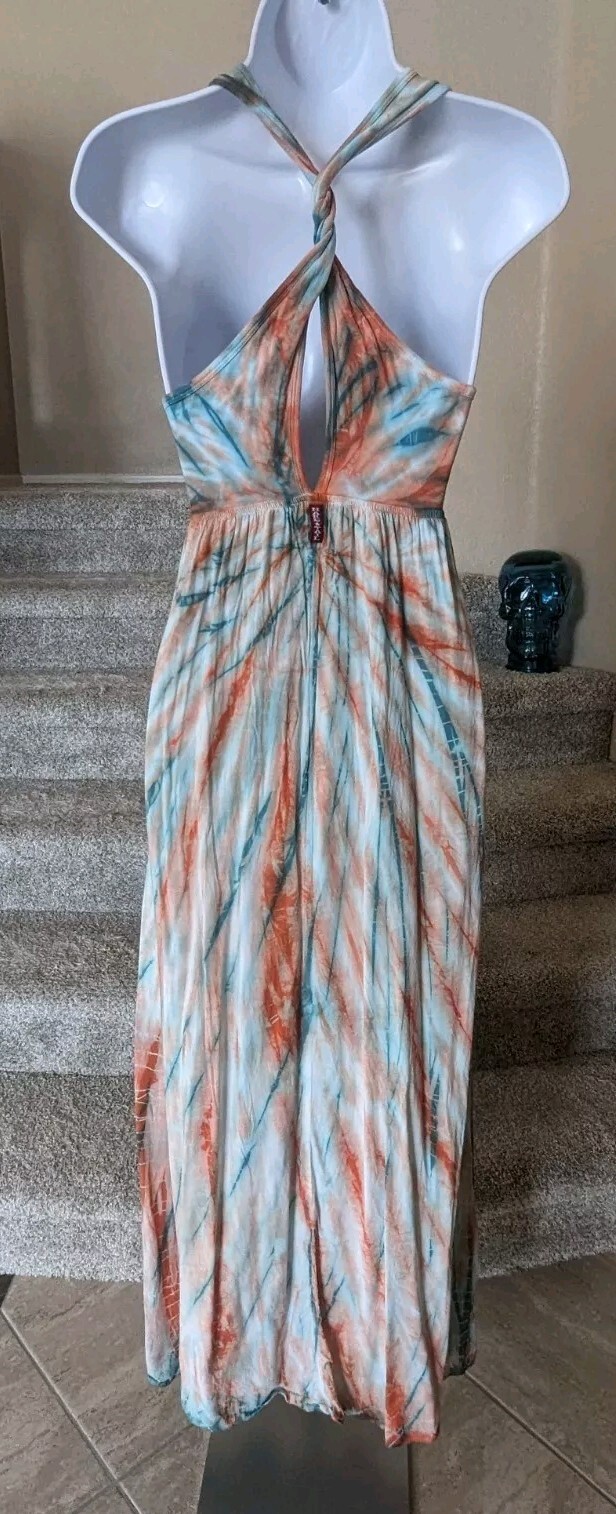 Hard Tail Twist Back Dress (S) Green Orange Tie Dye Maxi Cutout Breezy Flowy