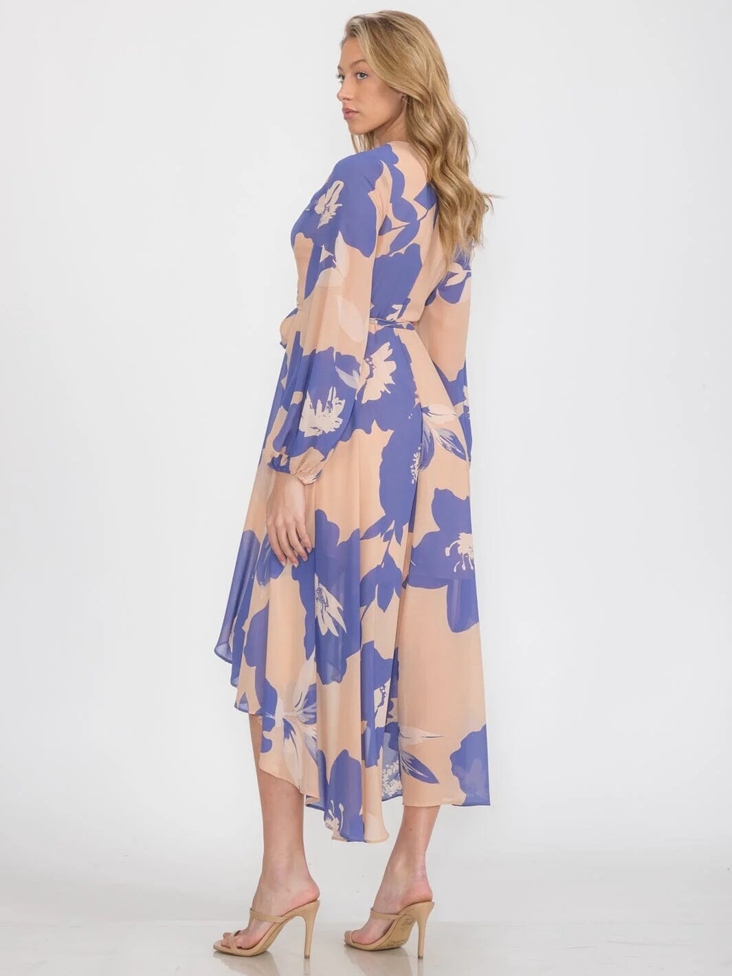 Peach and Blue Wrap Inspired Midi Maxi Dress Size Small Long Sleeve