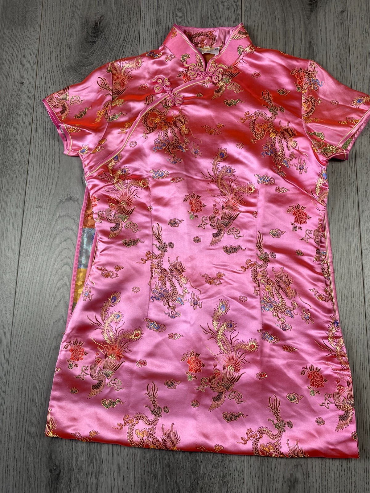 Golden Dragon Pink Satin Qipao Cheongsam Maxi Dress Mandarin Collar
