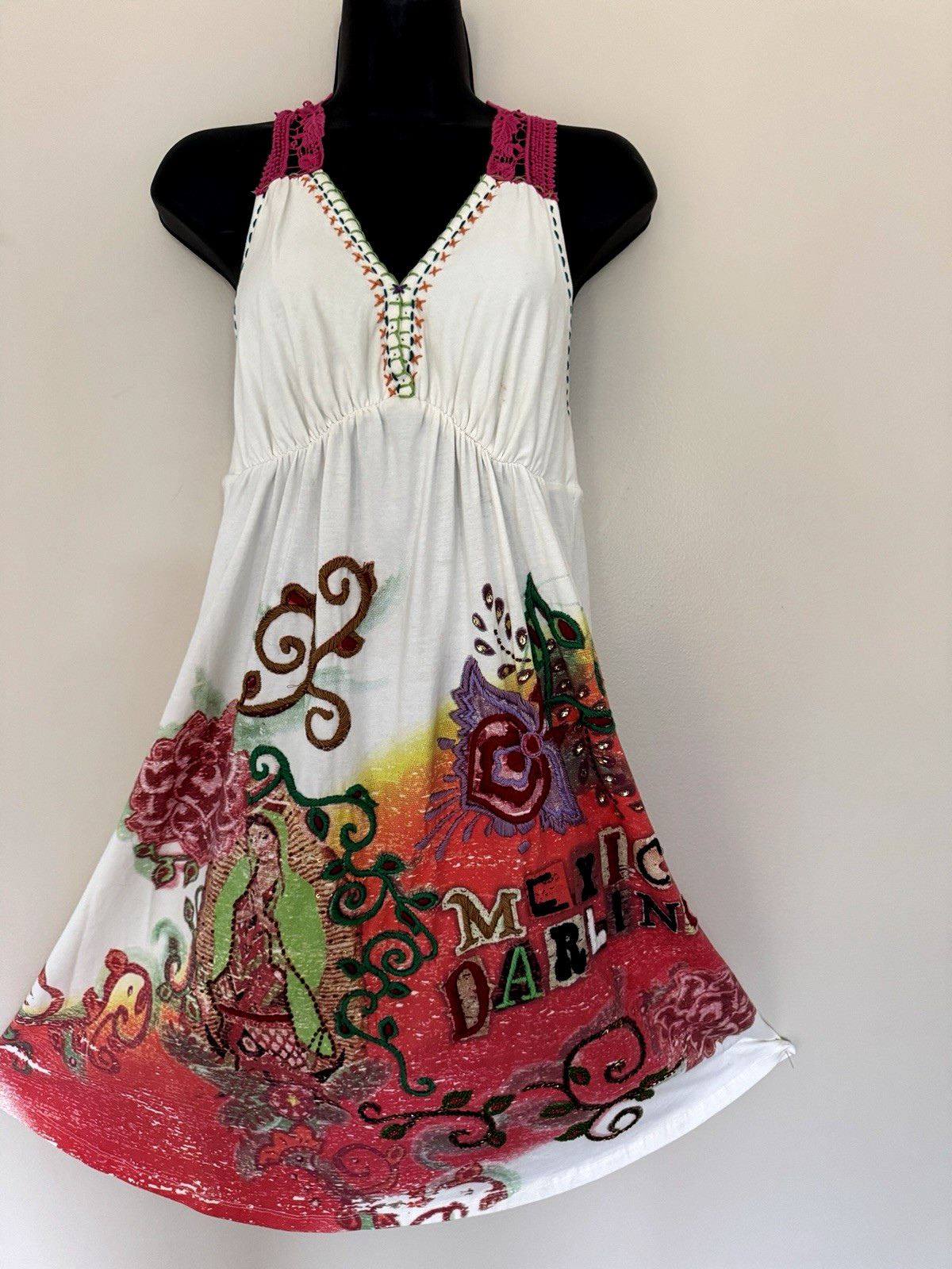 Double D Ranch Beaded Embroidery Crochet Novelty Print DRESS MEXICO Mother Mary