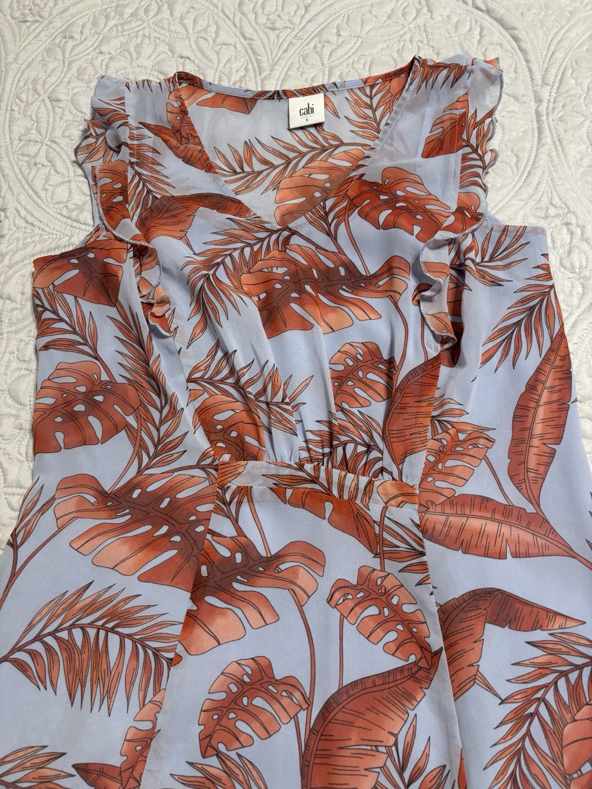 Cabi Light Blue Brown Leaf Print Ruffle Sleeveless Knee Length A-Line Dress S