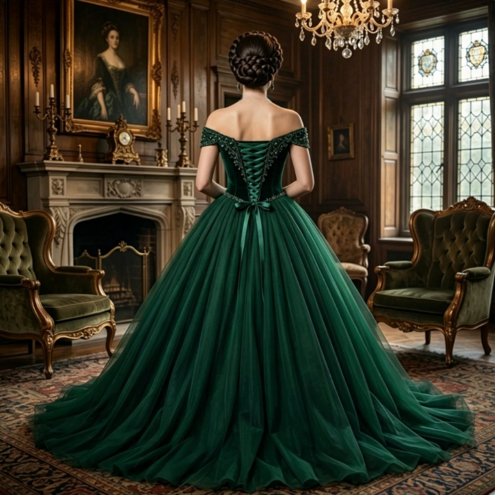 Dark Green Velvet Evening Dresses Beaded Lace Applique Off-Shoulder Bridal Gowns