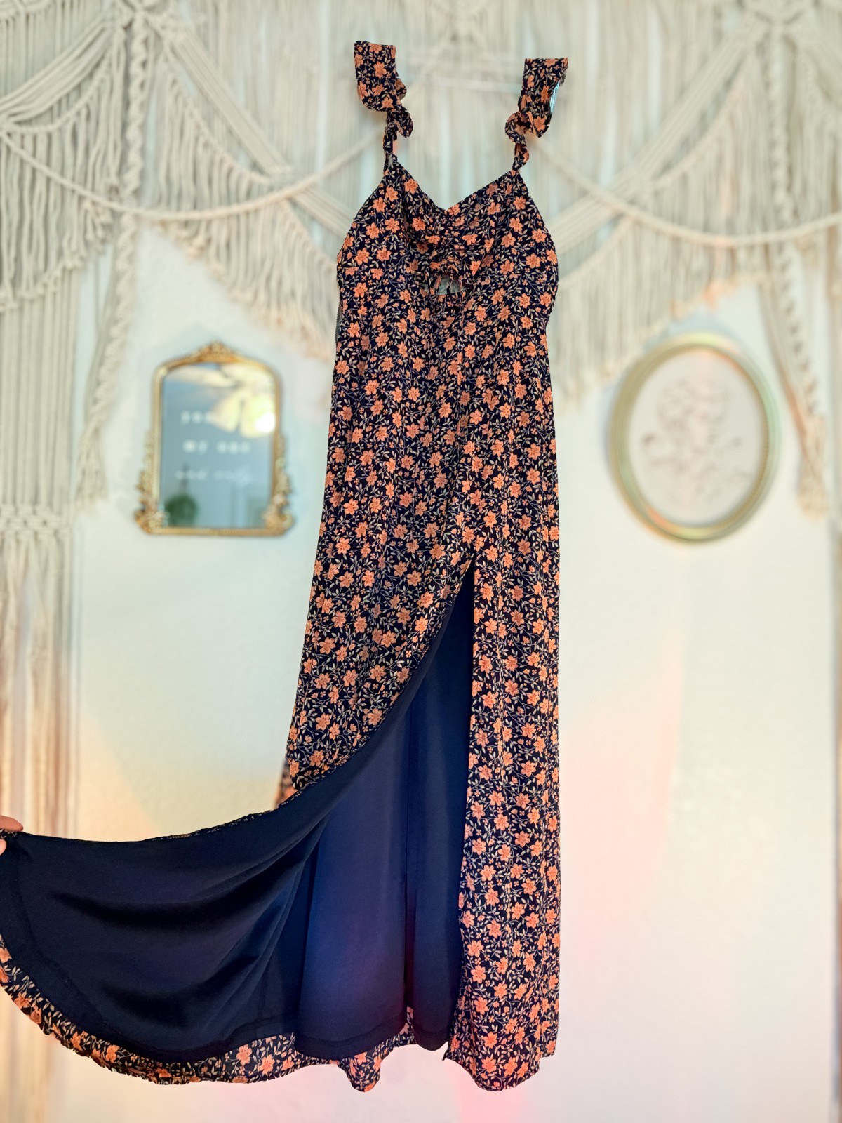 Lulus Floral Maxi Dress Navy Orange Ruffle Strap Sleeveless Size S