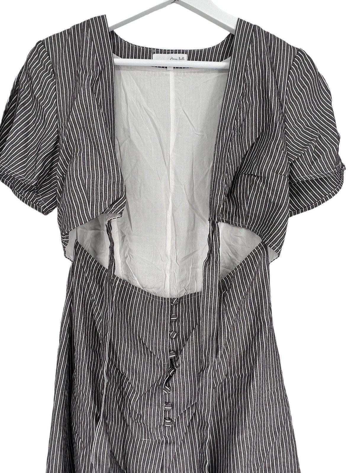 Honey Belle Tie Front Dress Size M Gray White Striped S/S Split Sleeve V-Neck