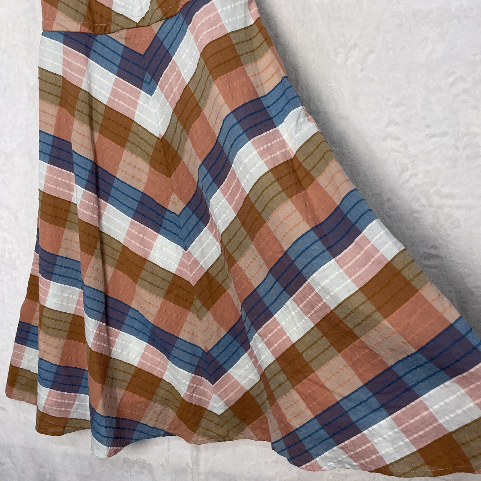 LL Bean Plaid Pleated Strap Dress 4 Small A Line Fit Flare Midi Blue Peach NEW