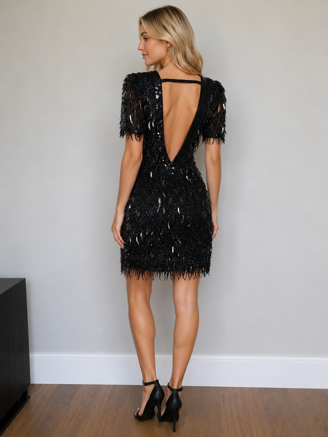 Vintage 100% Silk Black Polka Dots Sequined Beaded Fringe V-neck Dress Sz Medium