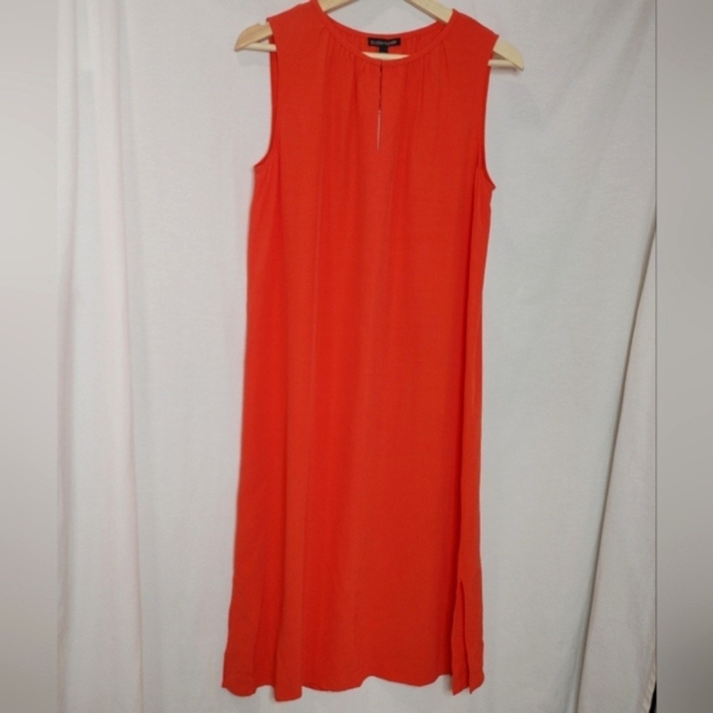 Eileen Fisher Shift Dress Sleeveless Round Split Neck Crepe Tencel Red Orange XS