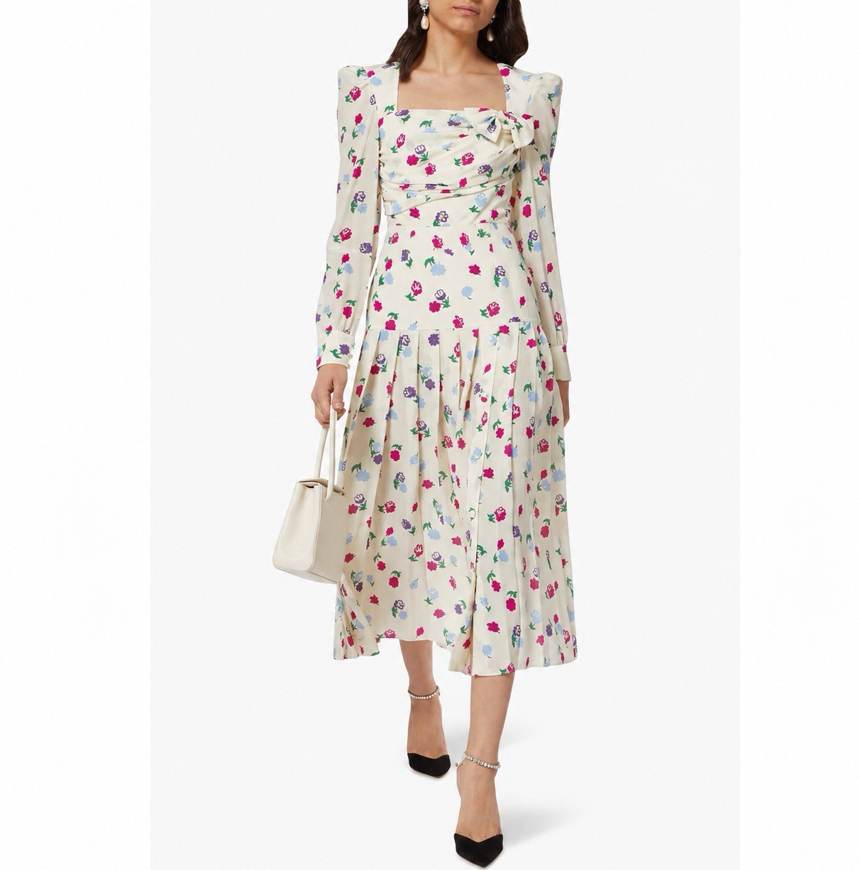 Alessandra Rich Bow-Detailed Pleated Floral-Print Silk-Crepe Midi Dress
