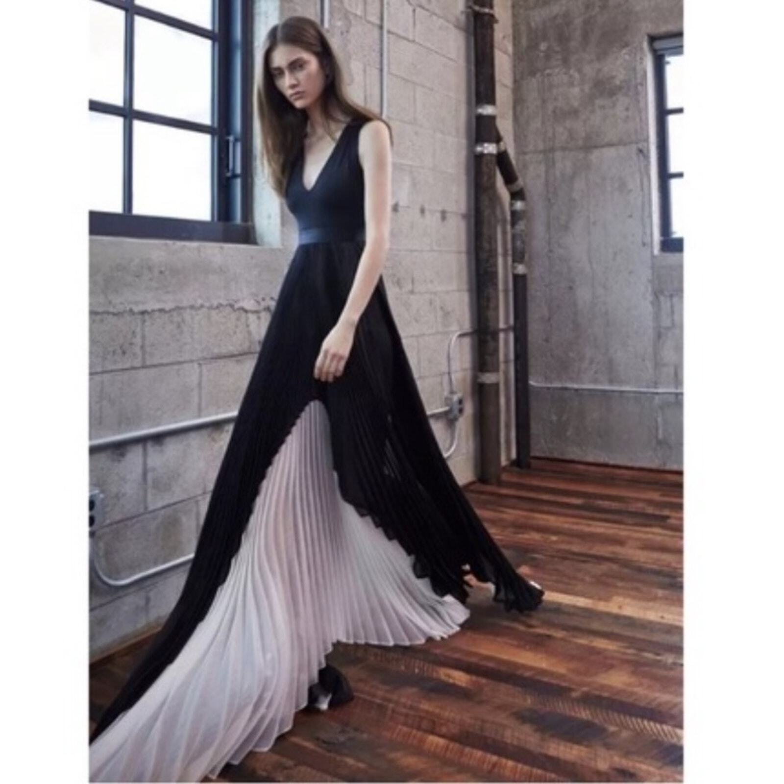 NWT Alexis Federico Long Pleated Organza Silk Maxi Dress Black White Size XS