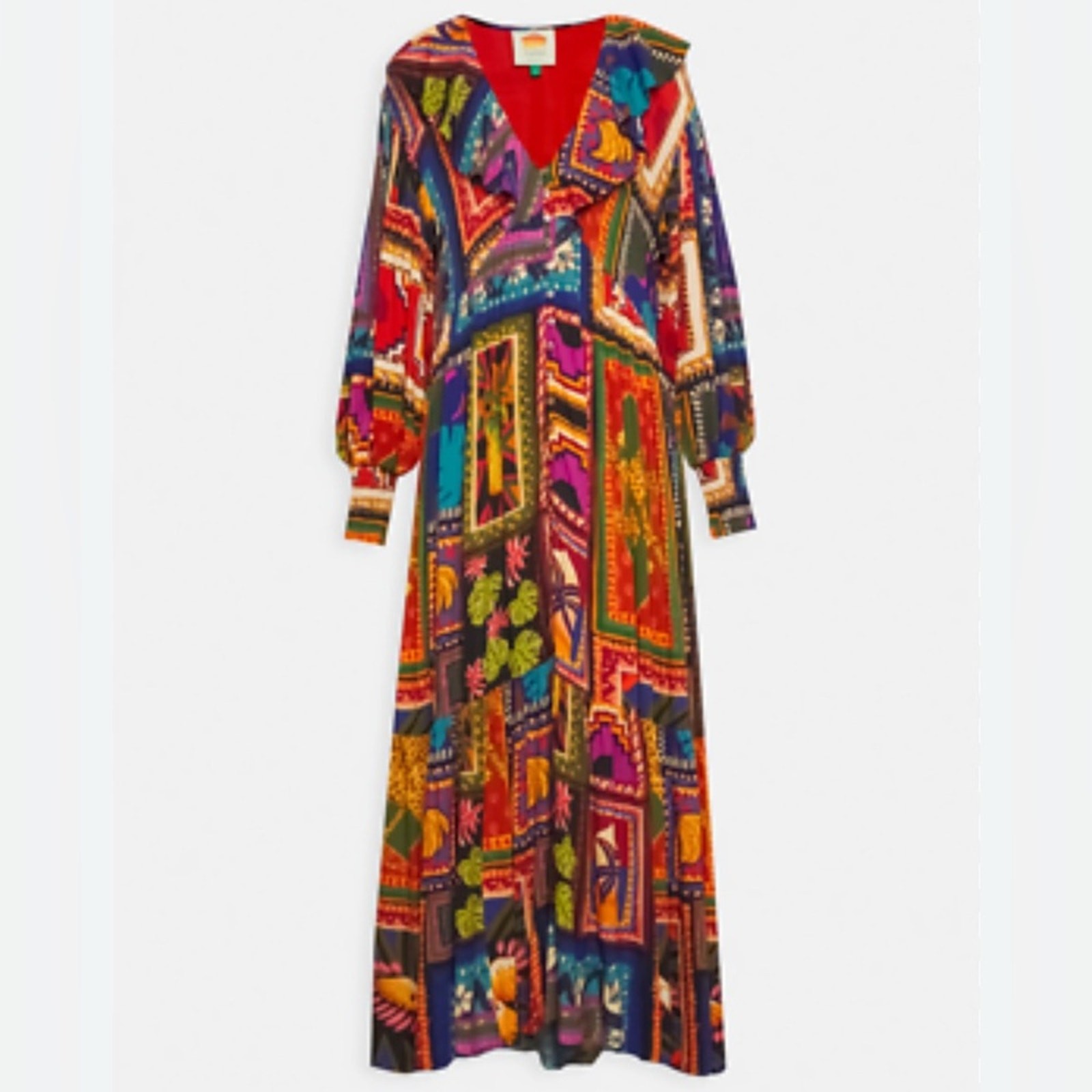 Farm Rio women’s Patchwork Tapestry ankle maxi Dress ruffle V-neck tiered red M