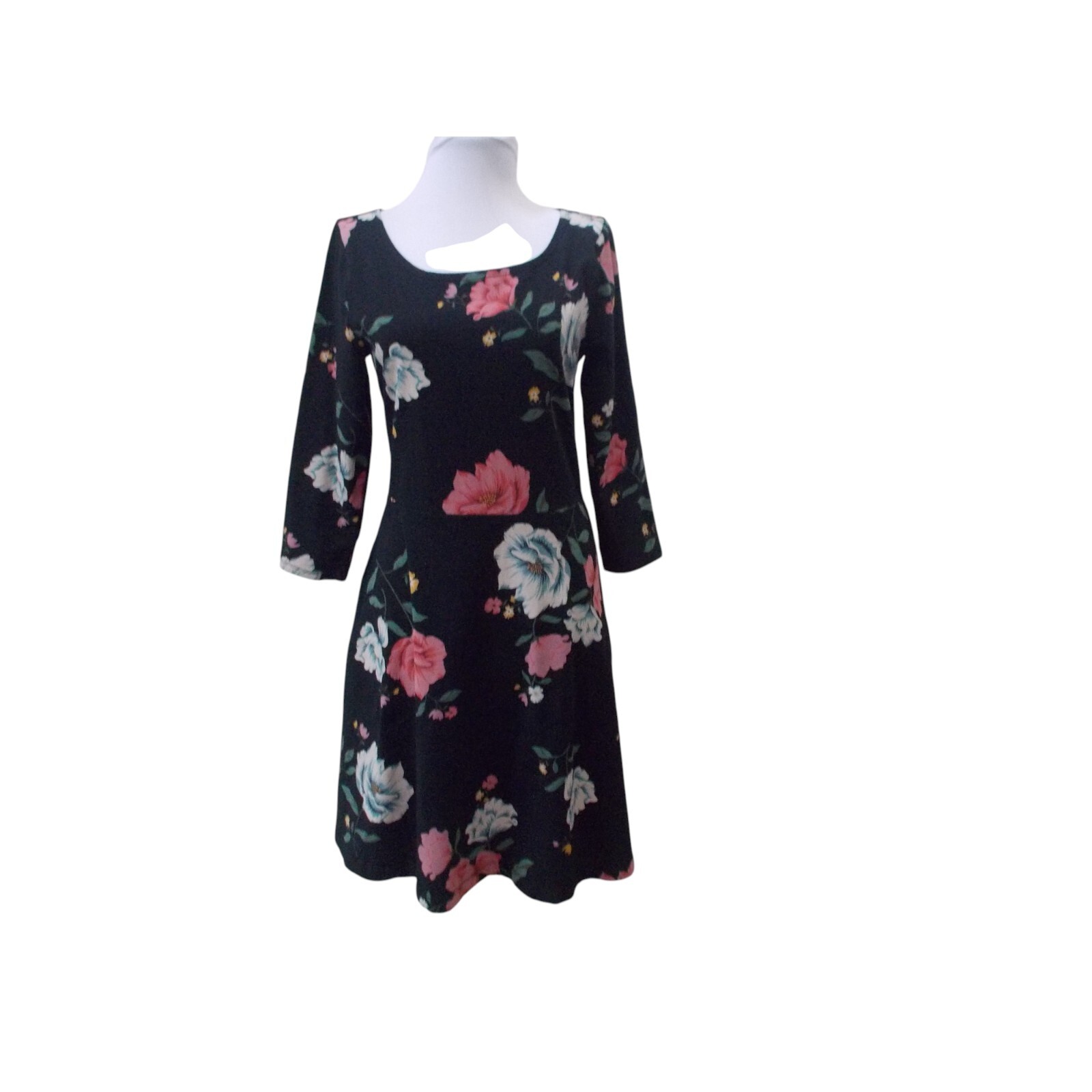 OLD NAVY Black w/ Pink & White Flower Print 3/4 Sleeve Dress Sz M