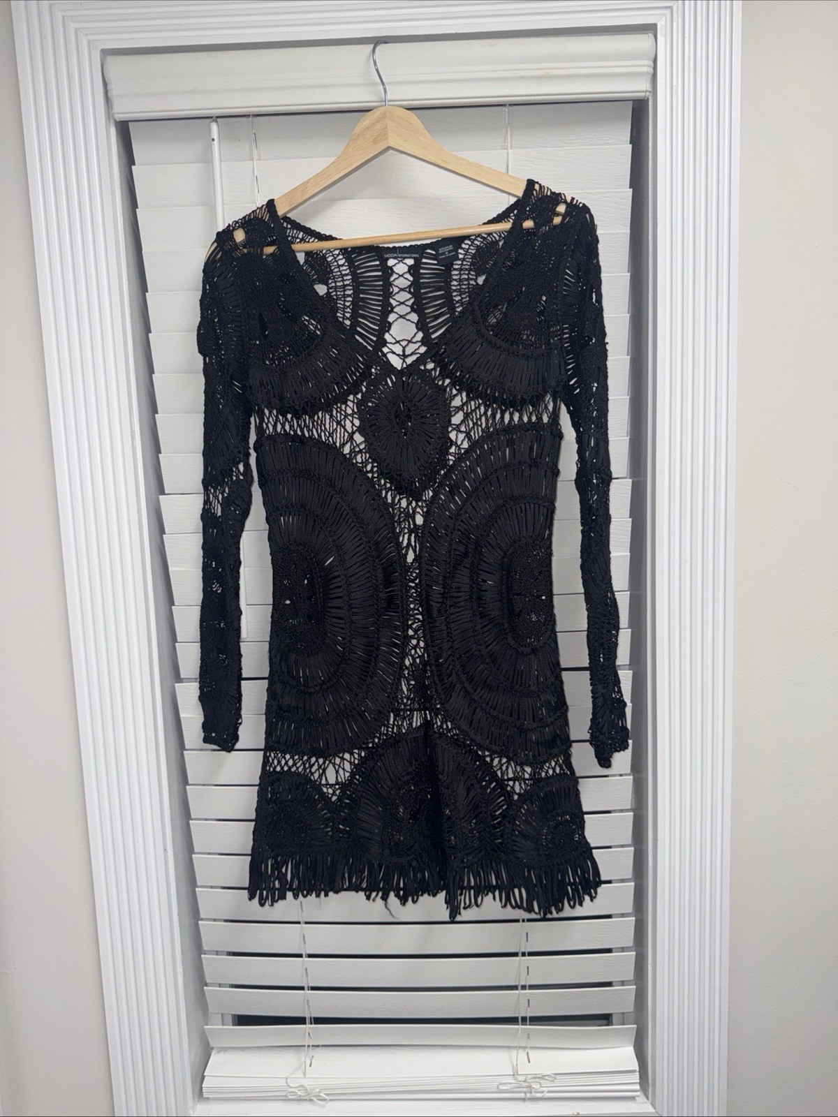 Moda International Black Crochet Mesh Mini Dress Small Boho Hippie Swim Cover Up