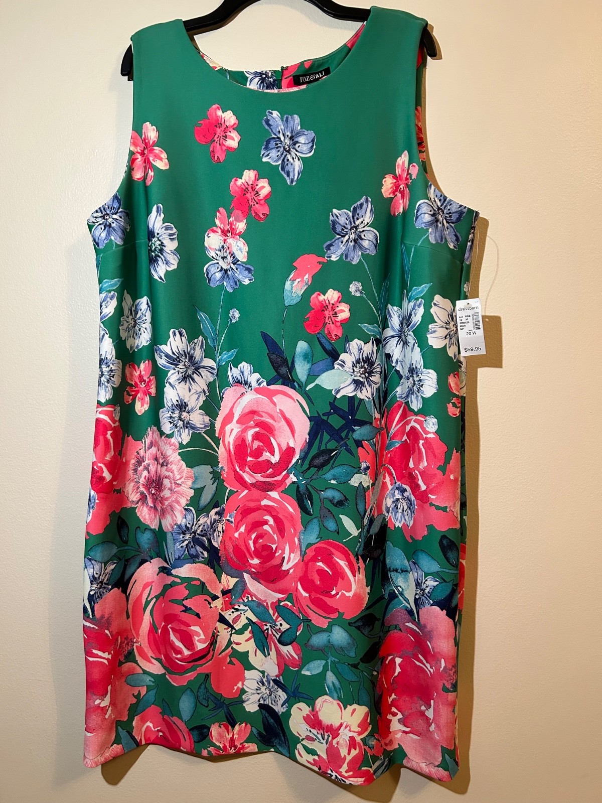 Roz & Ali Green pencil midi dress 20W chunky pink roses floral print NWT
