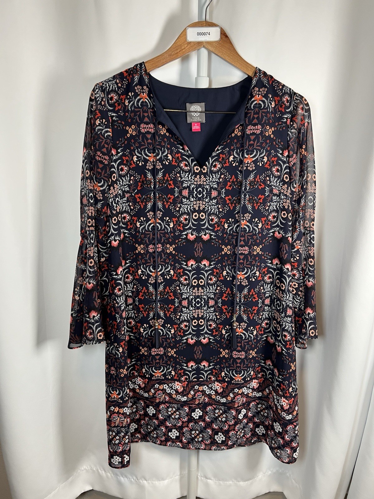Vince Camuto Navy Floral Print Shift Dress Tassel Tie Long Sleeve Size 8