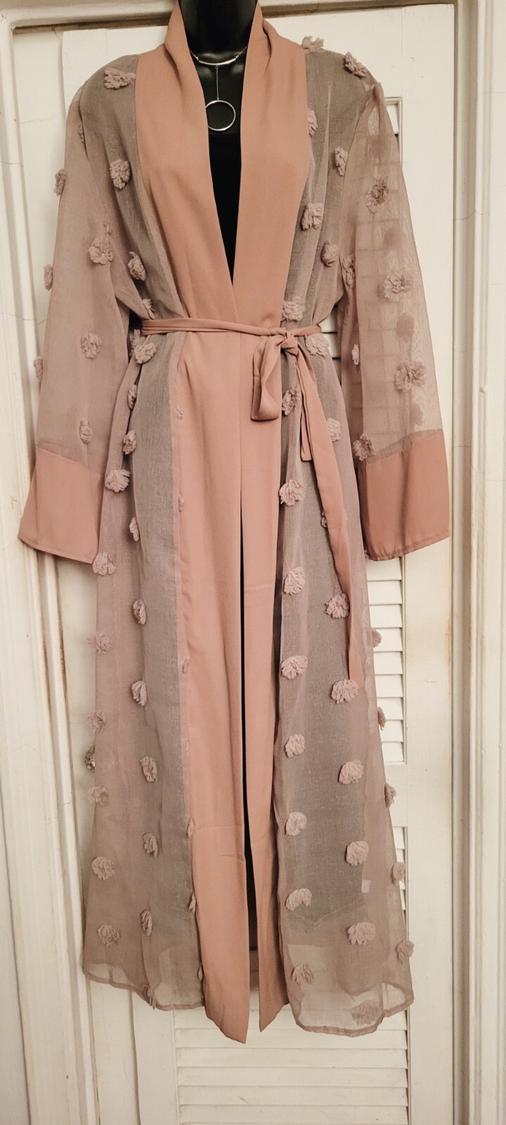 Chic Brownish Beige Loose Long Sleeve Sheer Applique Solid Border Maxi Duster L