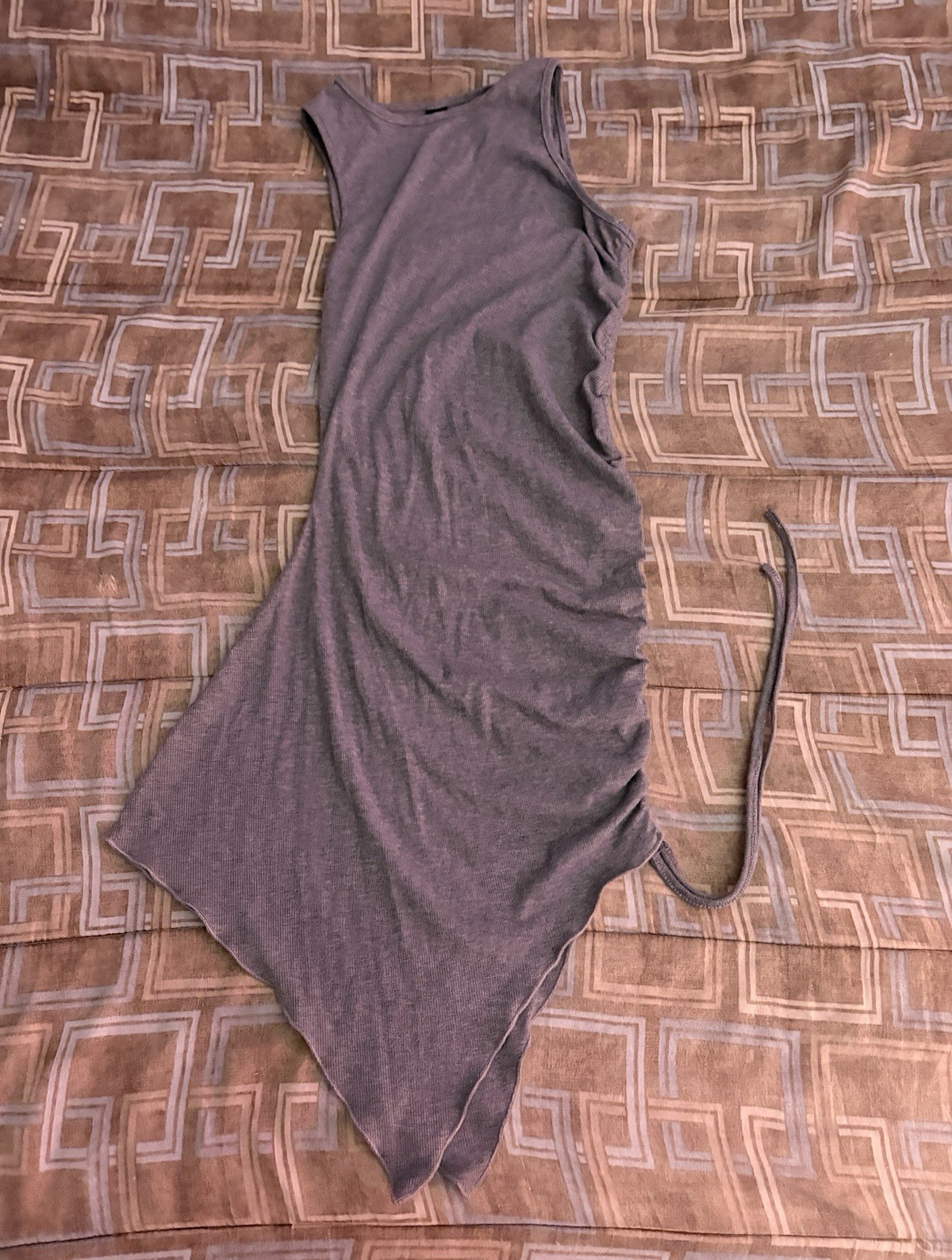 Women’s Gray Ruched Asymmetrical Midi Dress XS Sleeveless Drawstring