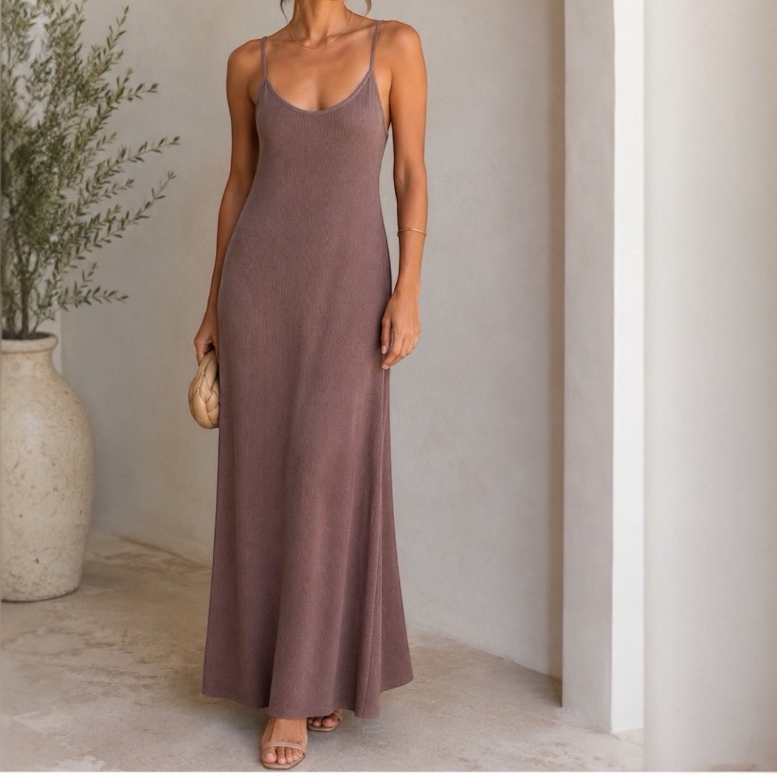 Zara Maxi Soft Knit Dress Spaghetti Straps V-Neck Taupe S Wedding Minimalist