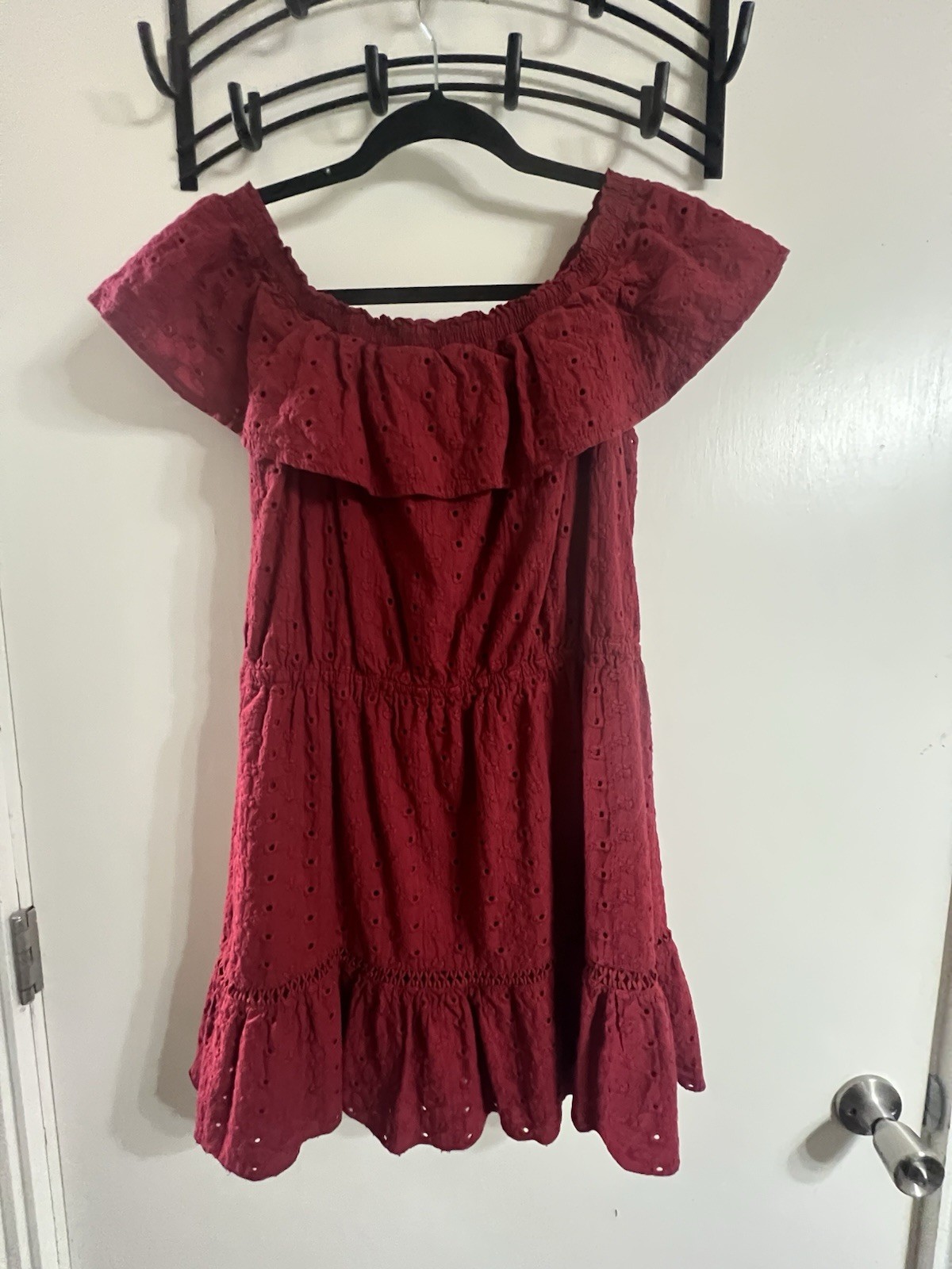 Eyelet Red Dress Ruffle Shoulder 100% Cotton Mini Dress S/M Miss 1999