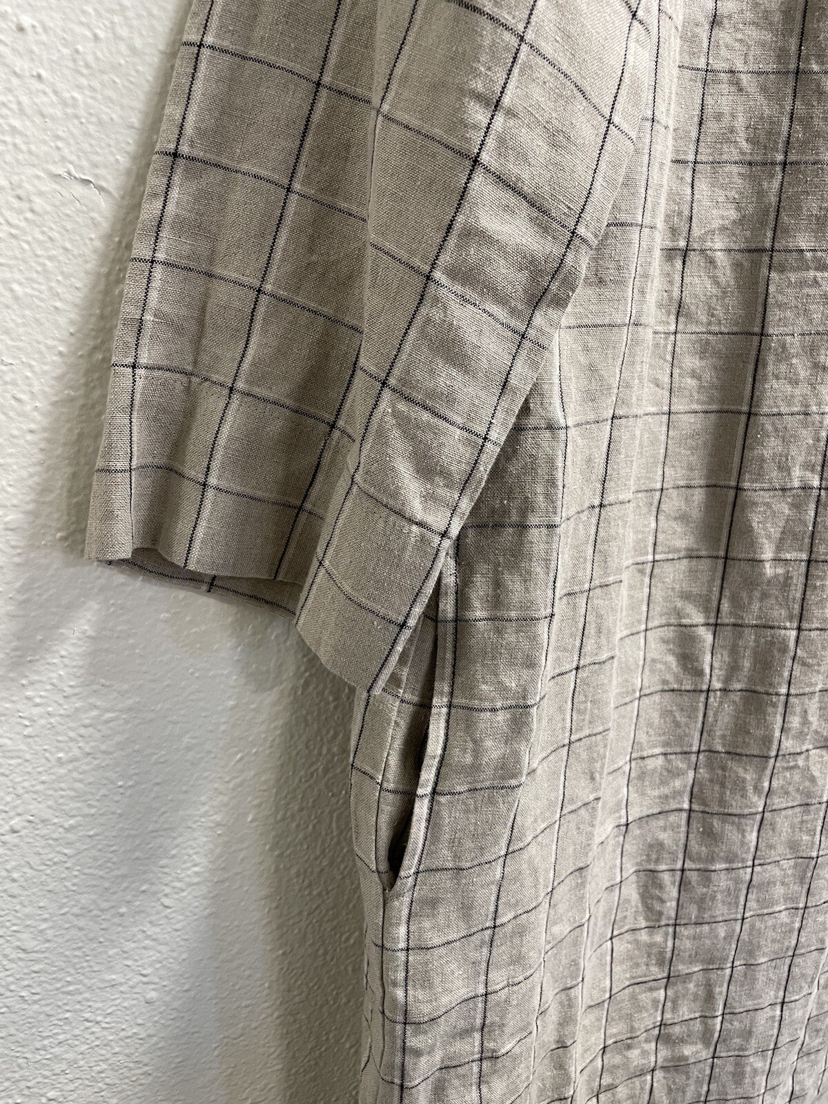 Linenfox Checkered Linen Shift Dress Short Sleeve Pockets Lagenlook Tan XL