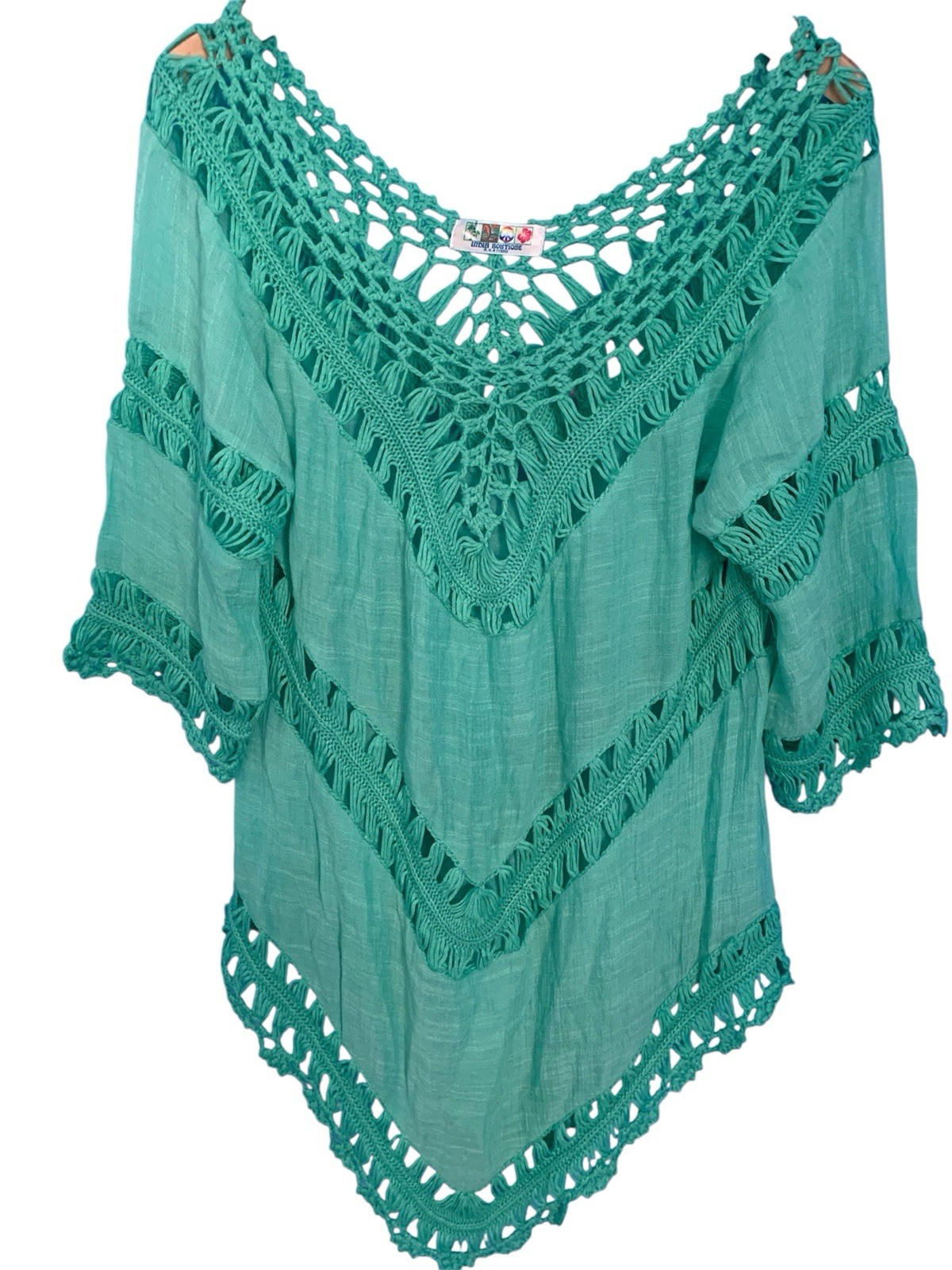 India Boutique Green Cotton Crochet Tunic Coverup Dress Boho Festival Hippie