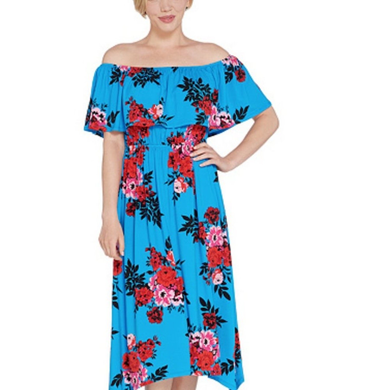 NWT DU JOUR OFF THE SHOULDER TURQUOISE FLORAL PRINTED KNIT DRESS MEDIUM
