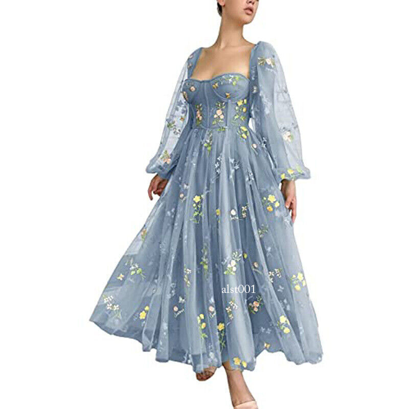 LADY Womens Embroidery Flower Puffy Sleeve Prom Dress Lace Up A-line Midi Dress