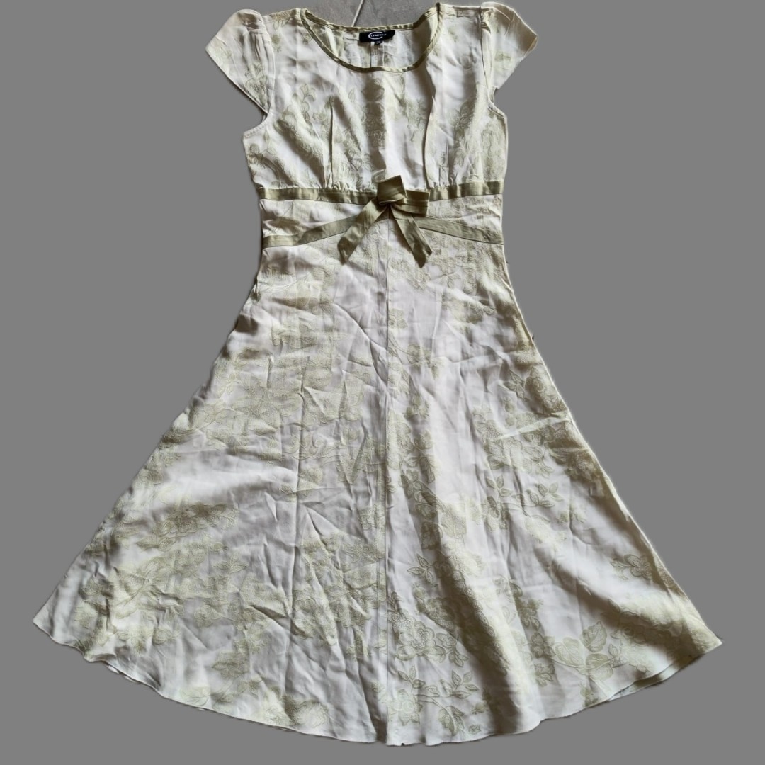 Vintage COMPELA Floral Jacquard Midi Dress Sage Green Bow Accent Flare Line