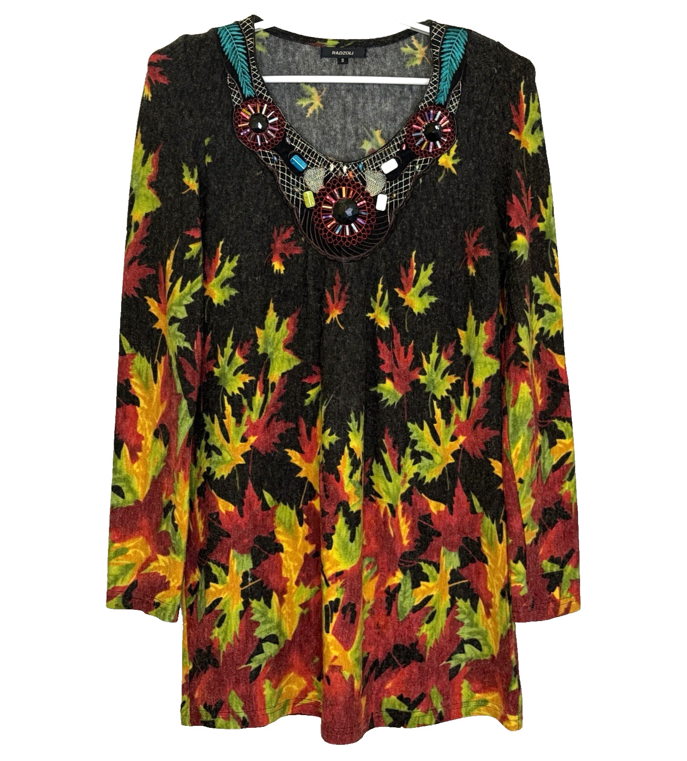 Radzoli Dress Womens Size Small Black Leaf Print Embellished Art to Wear V-Neck