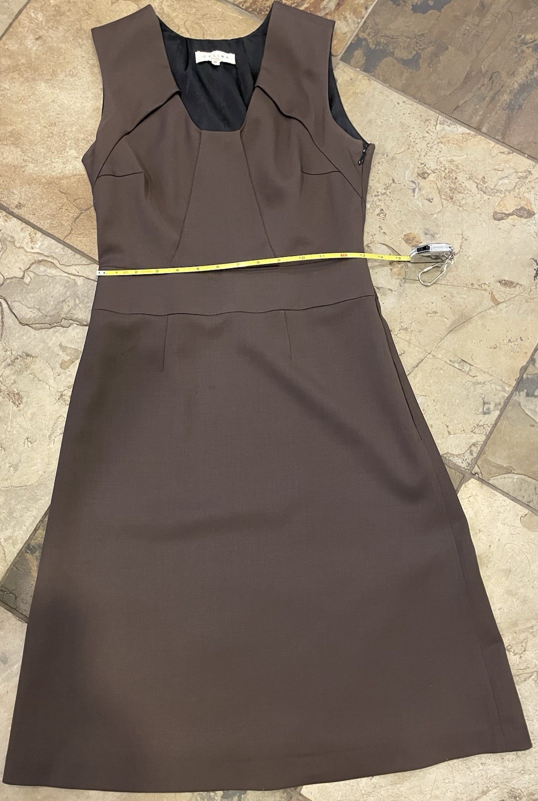 Celine Couture Solid A-Line Scoop Neck Sleeveless Knee Length Dress in Brown 38