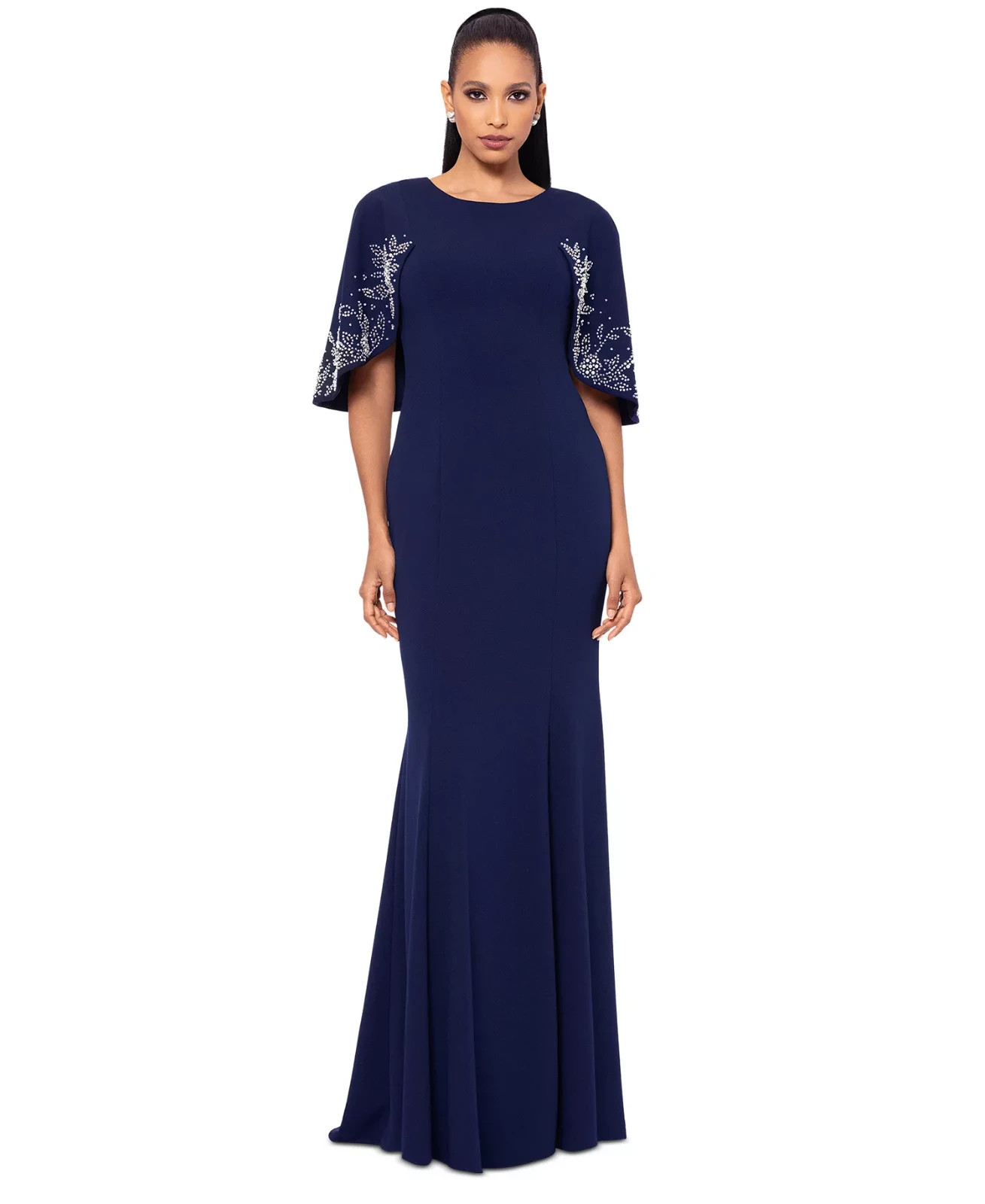 Betsy & Adam Petite Studded Sleeve Evening Gown Size 12P Navy $289